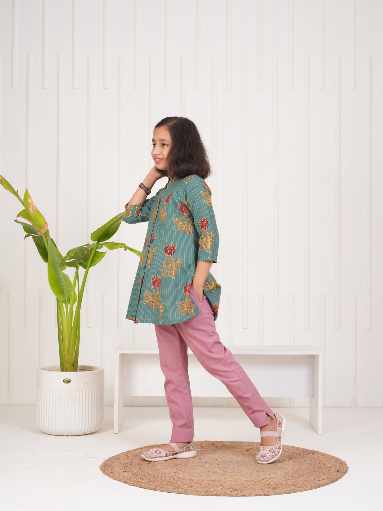 Green With Floral Print Cotton Kurti