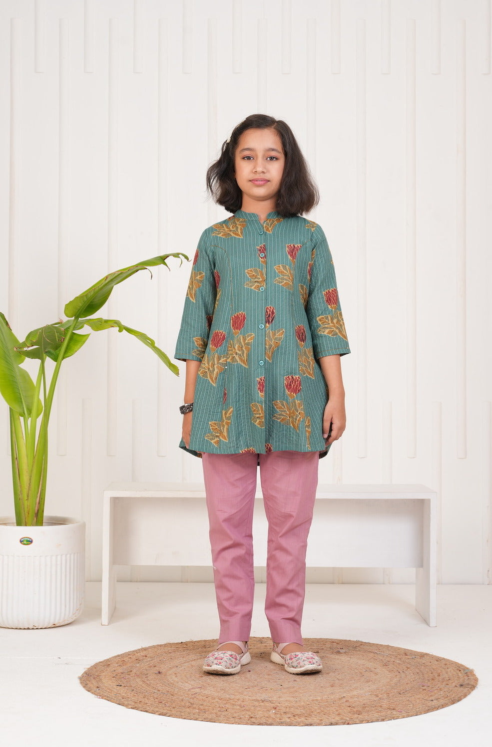 Green With Floral Print Cotton Kurti