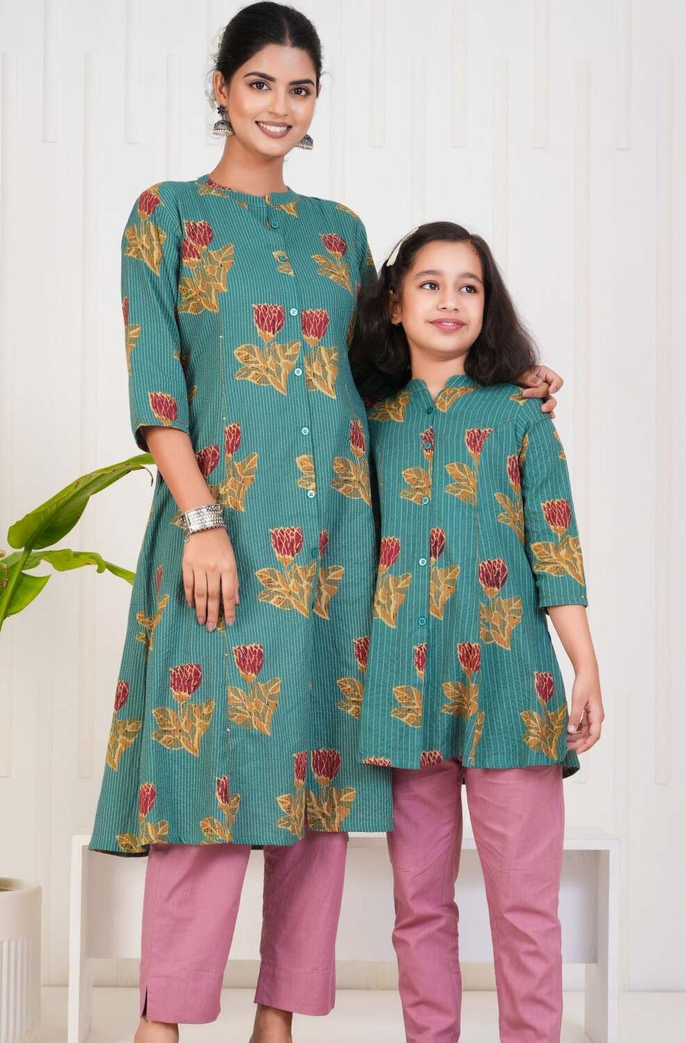 Green With Floral Print Cotton Kurti