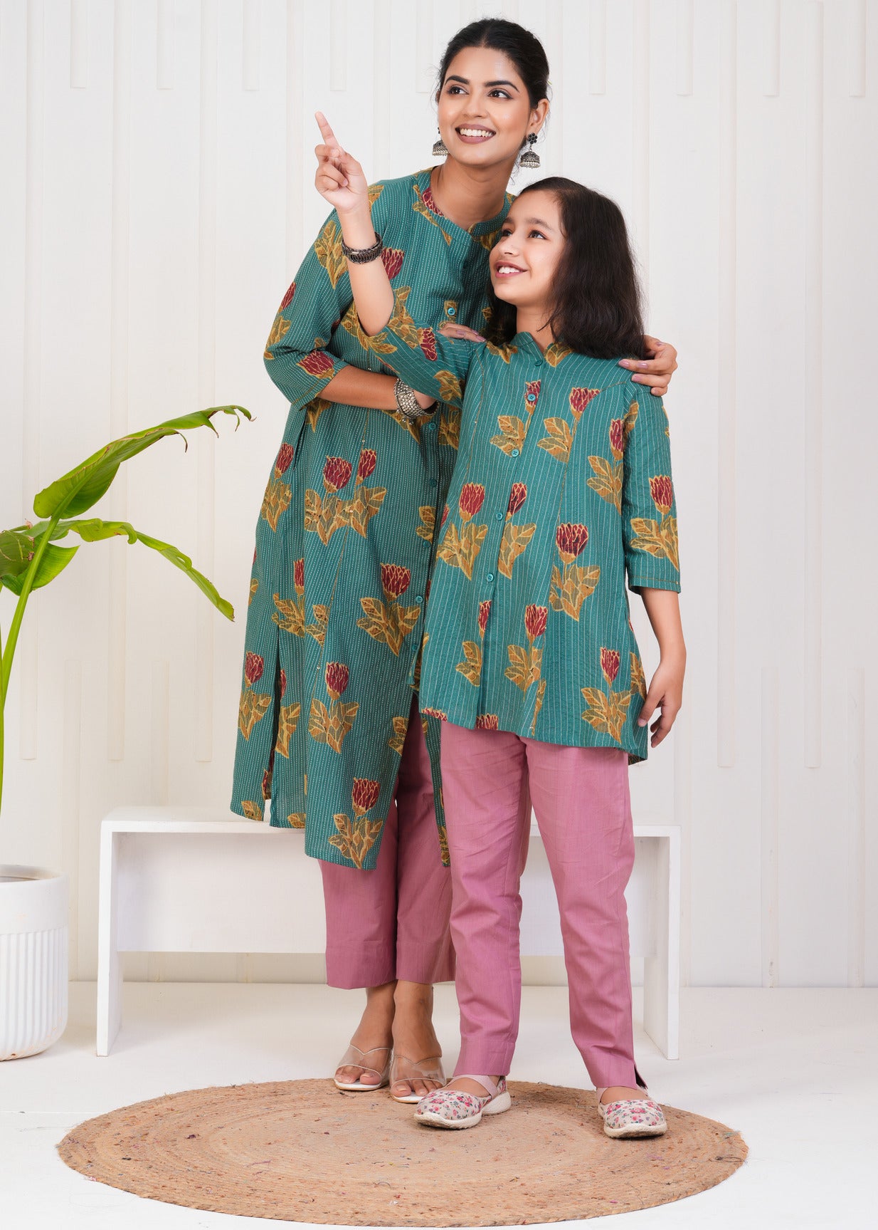 Green With Floral Print Cotton Kurti