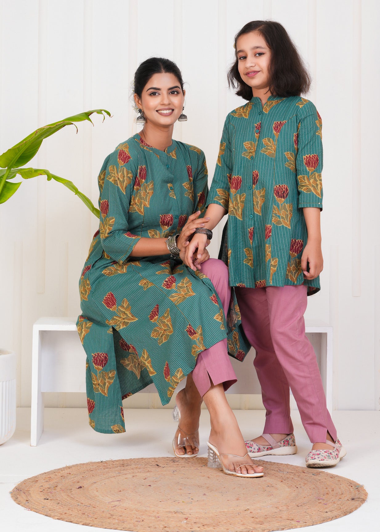 Green With Floral Print Cotton Kurti