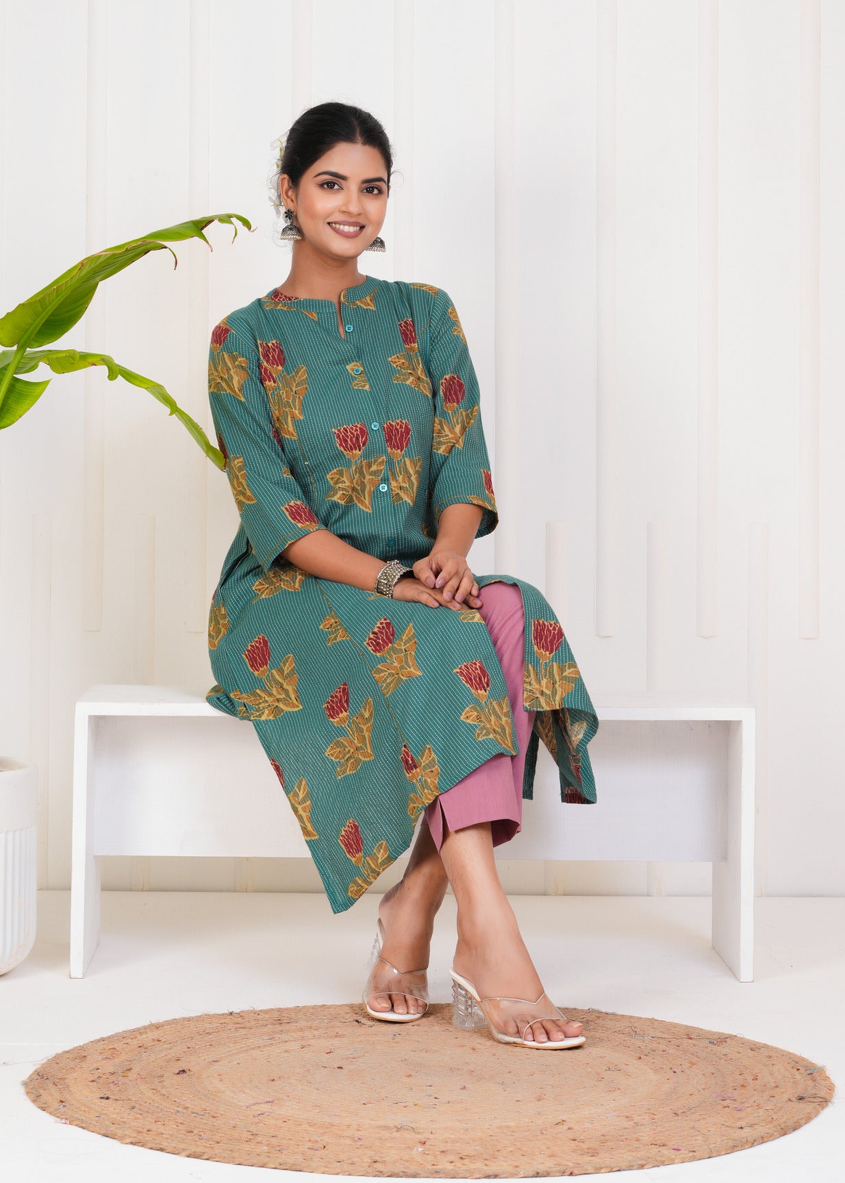 Green With Floral Print Cotton Kurti