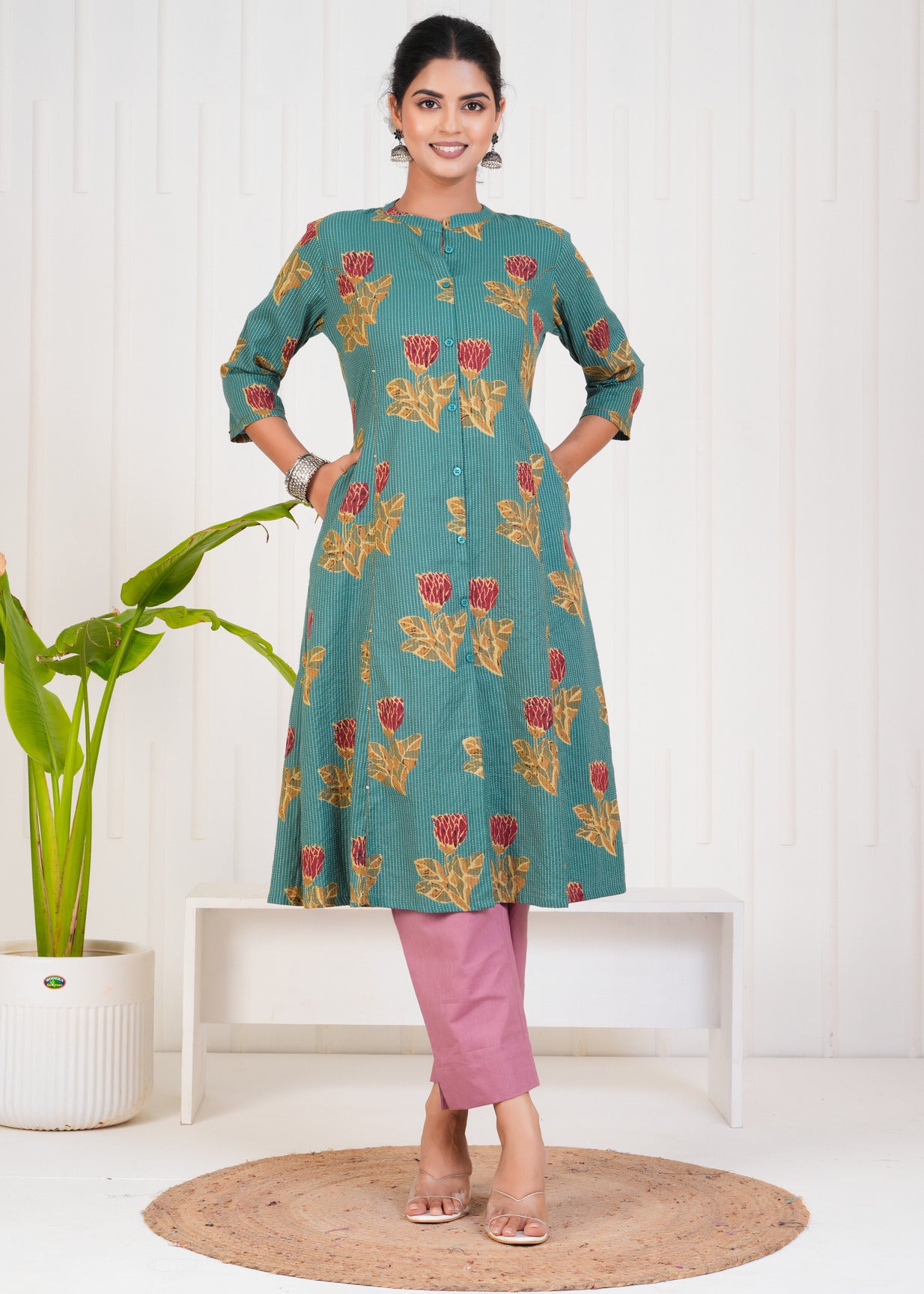 Green With Floral Print Cotton Kurti