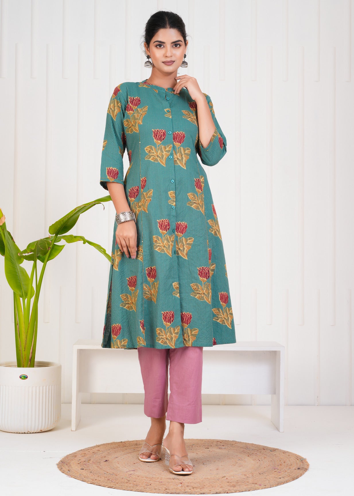 Green With Floral Print Cotton Kurti