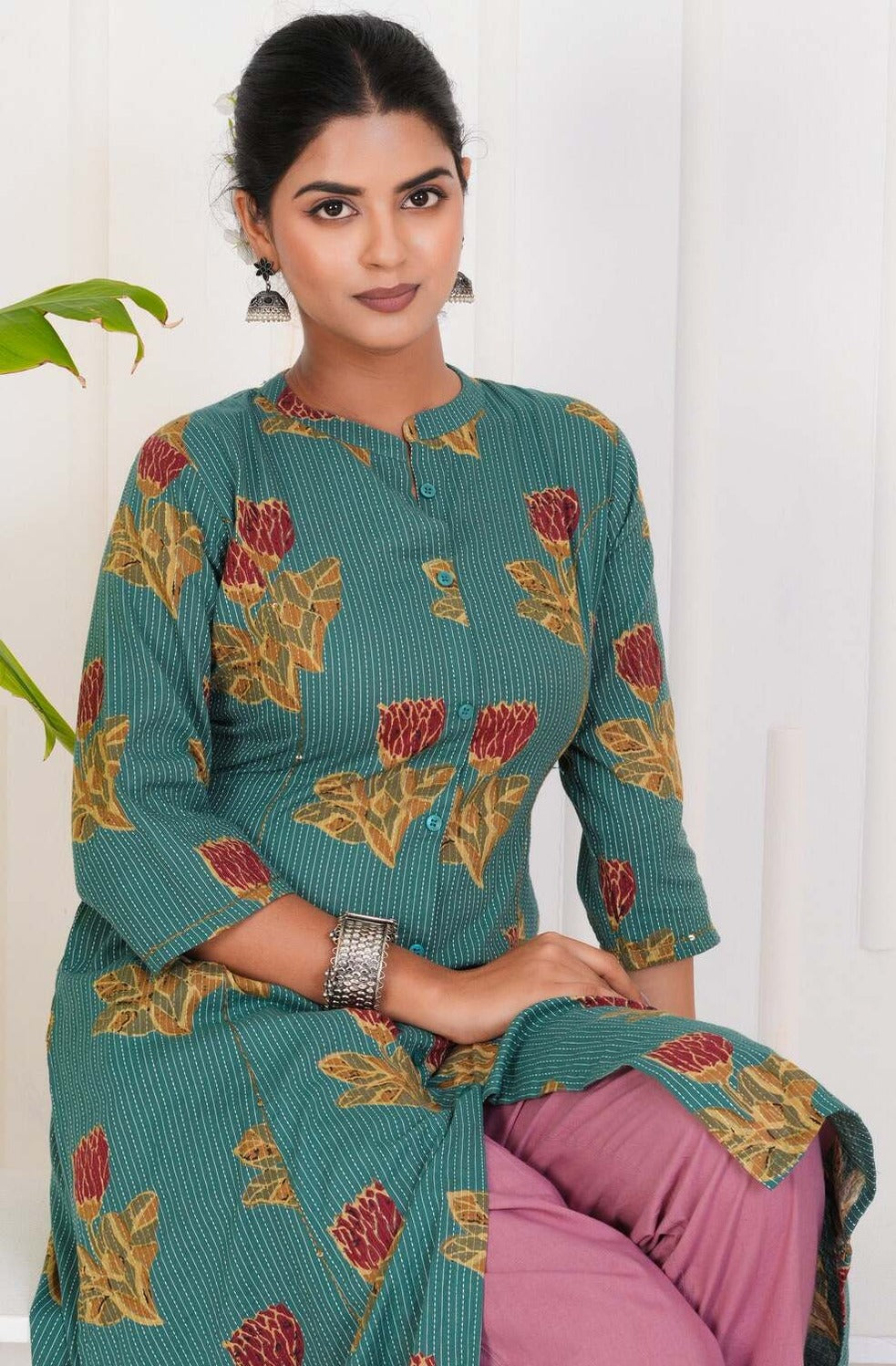 Green With Floral Print Cotton Kurti