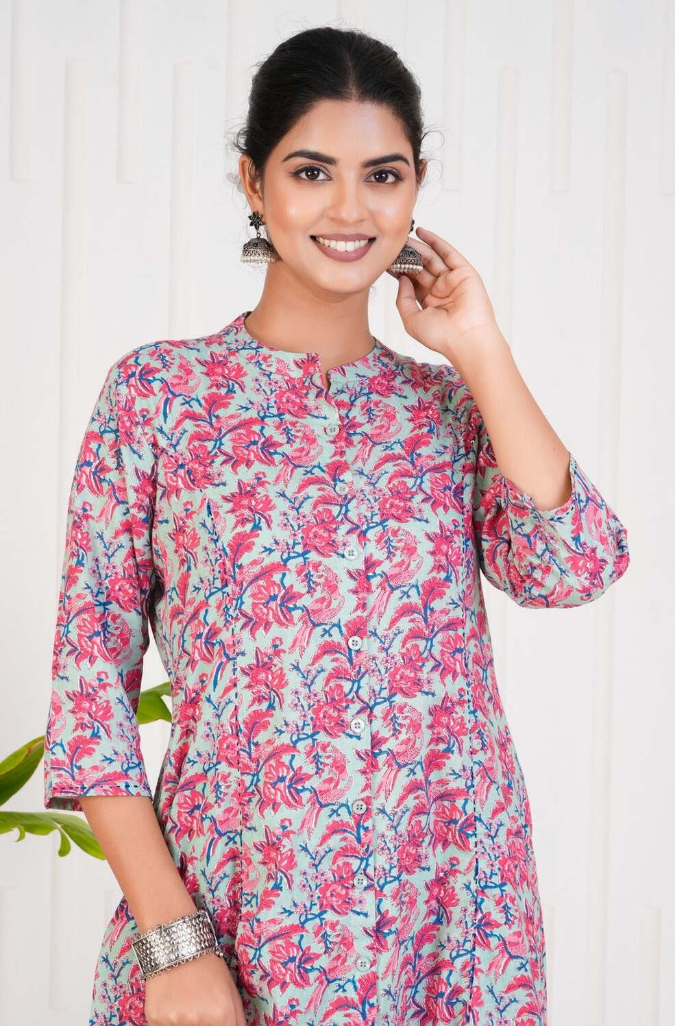 Pink With Floral Print Cotton Kurti