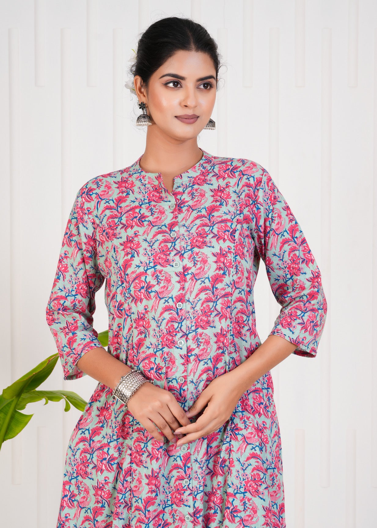 Pink With Floral Print Cotton Kurti