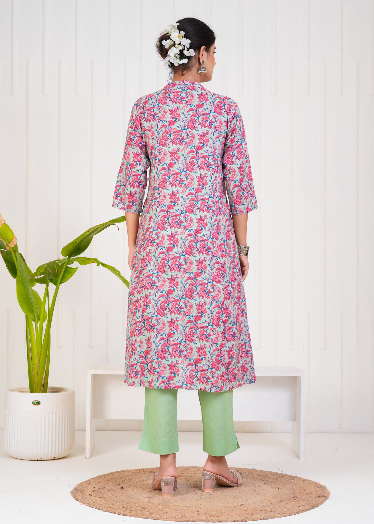 Pink With Floral Print Cotton Kurti