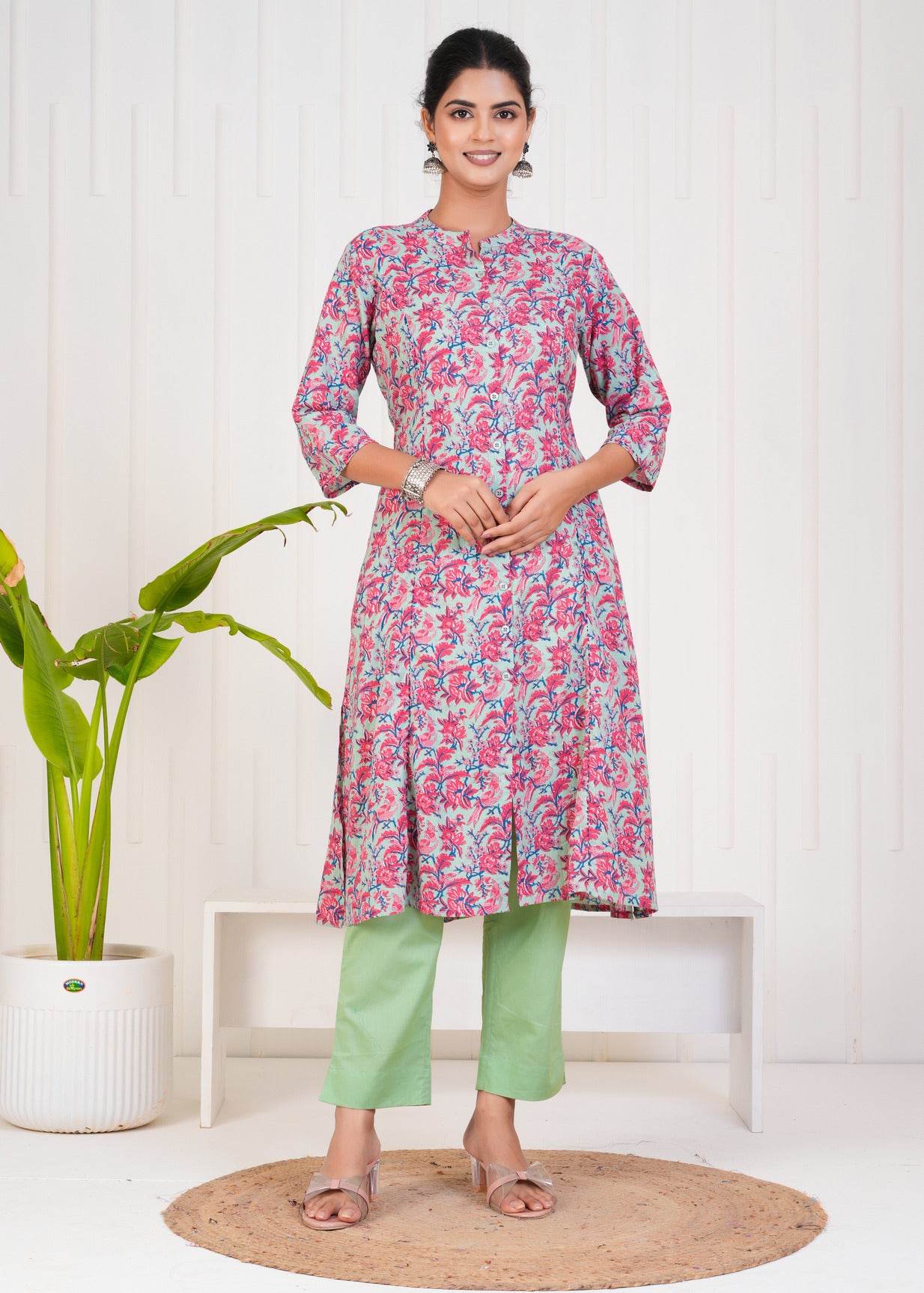 Pink With Floral Print Cotton Kurti