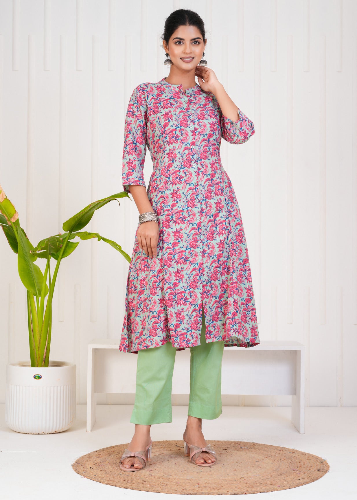 Pink With Floral Print Cotton Kurti