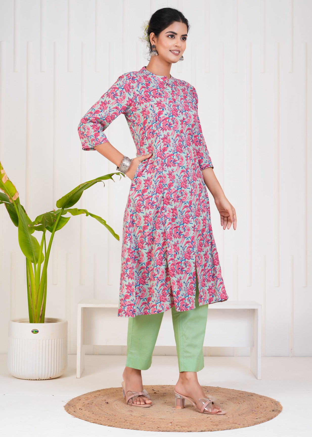 Pink With Floral Print Cotton Kurti