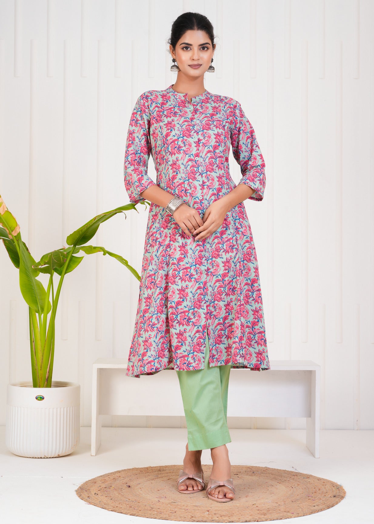 Pink With Floral Print Cotton Kurti