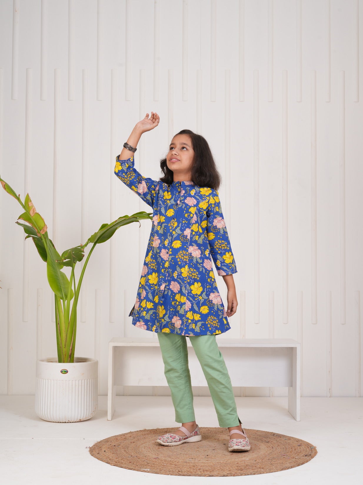 Blue With Floral Print Cotton Kurti