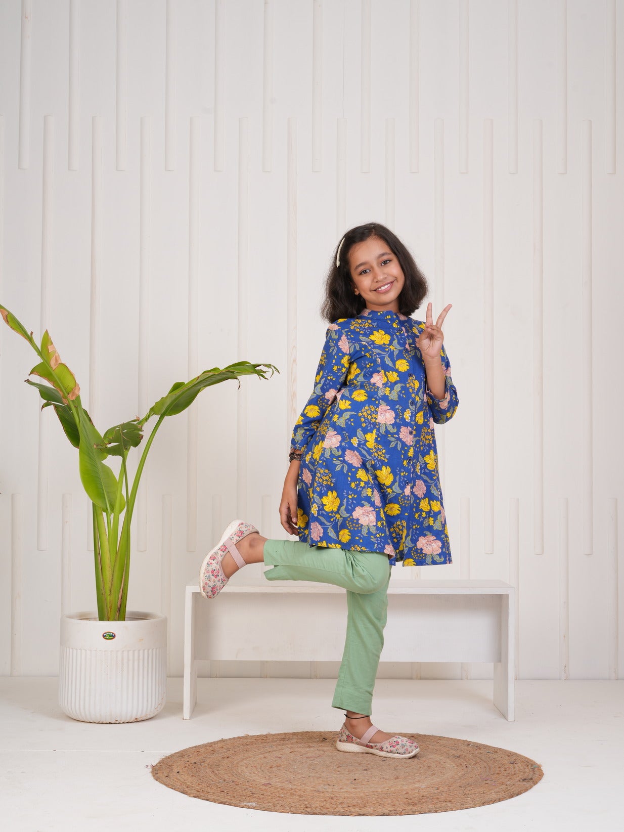 Blue With Floral Print Cotton Kurti