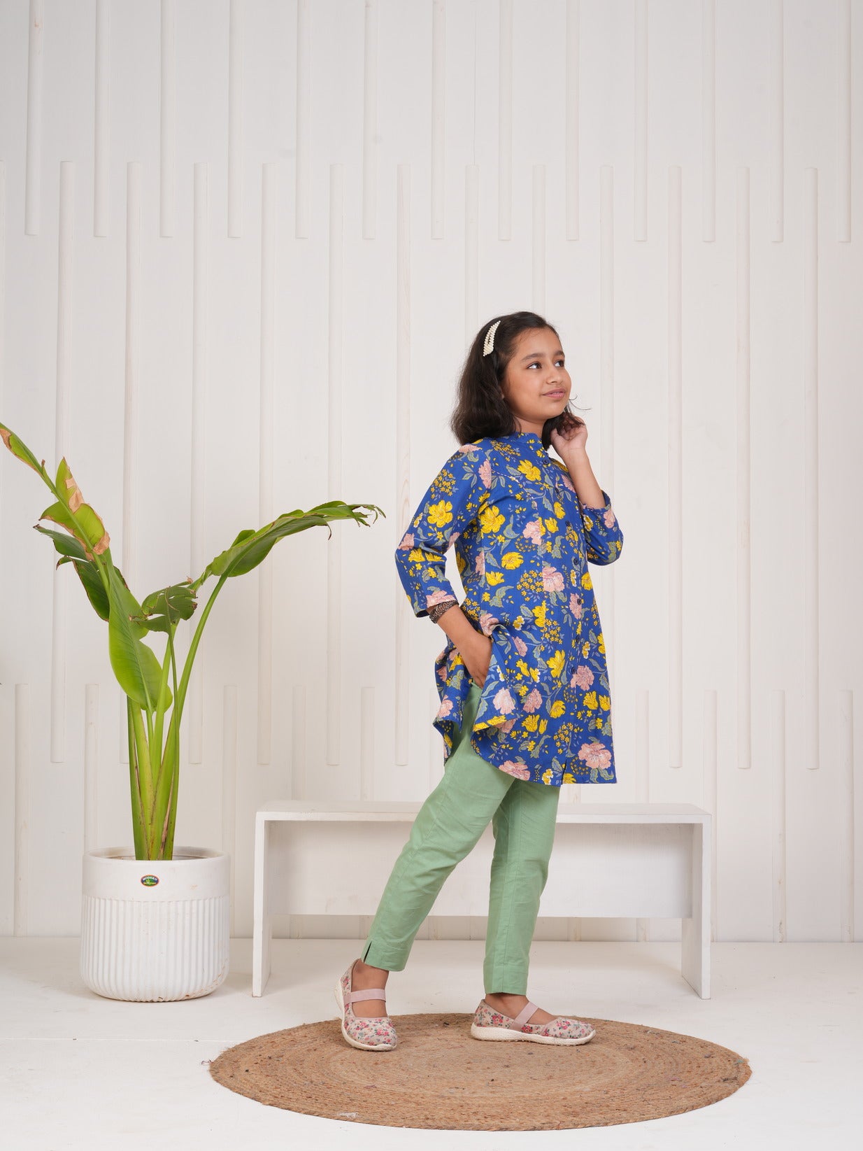 Blue With Floral Print Cotton Kurti