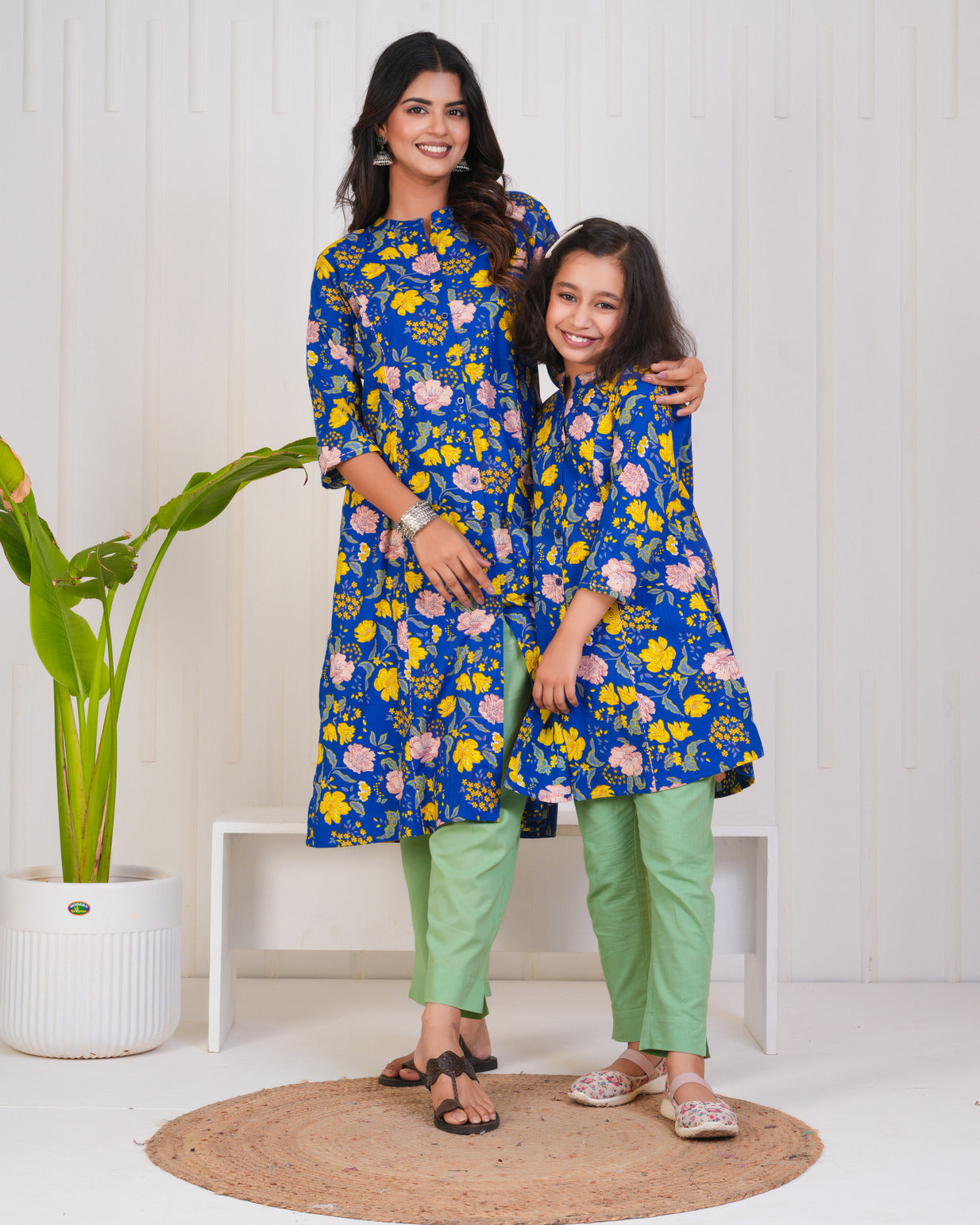 Blue With Floral Print Cotton Kurti