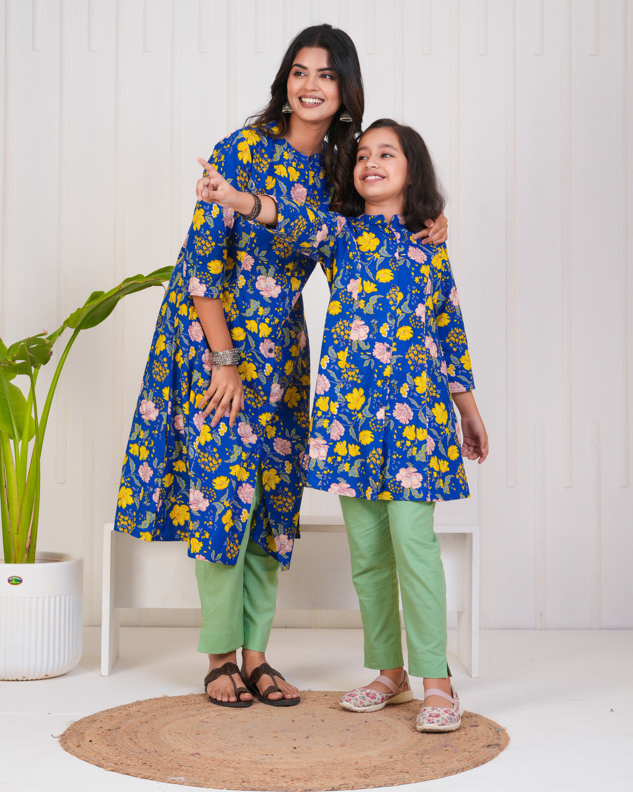 Blue With Floral Print Cotton Kurti