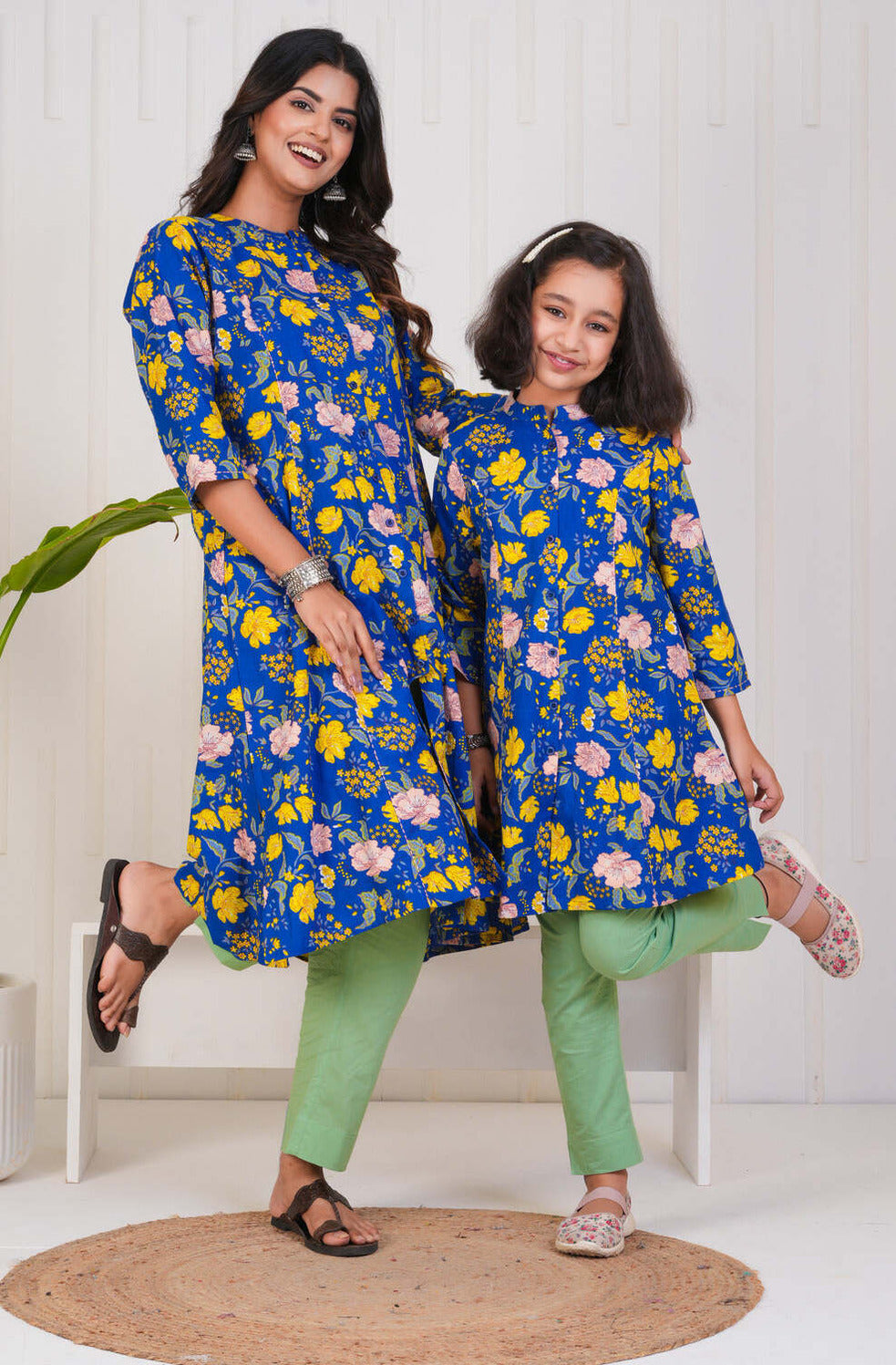 Blue With Floral Print Cotton Kurti