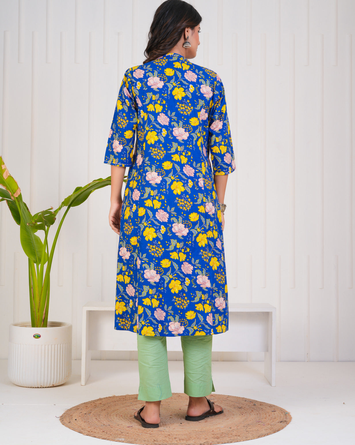 Blue With Floral Print Cotton Kurti