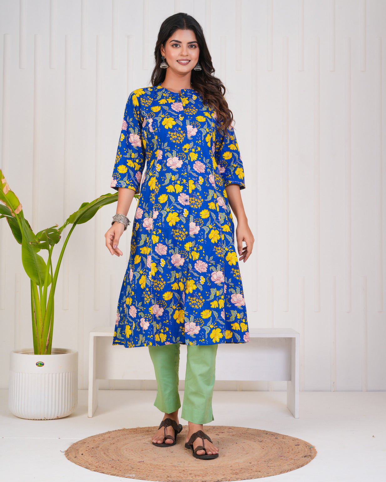 Blue With Floral Print Cotton Kurti