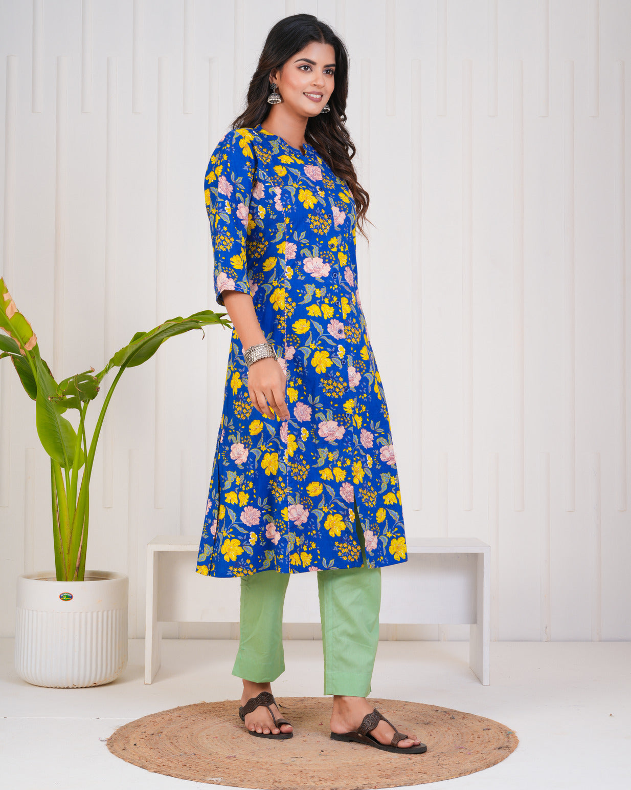 Blue With Floral Print Cotton Kurti