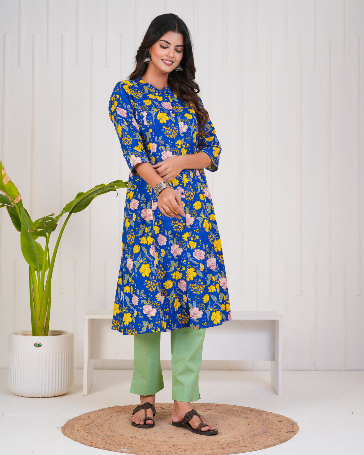 Blue With Floral Print Cotton Kurti