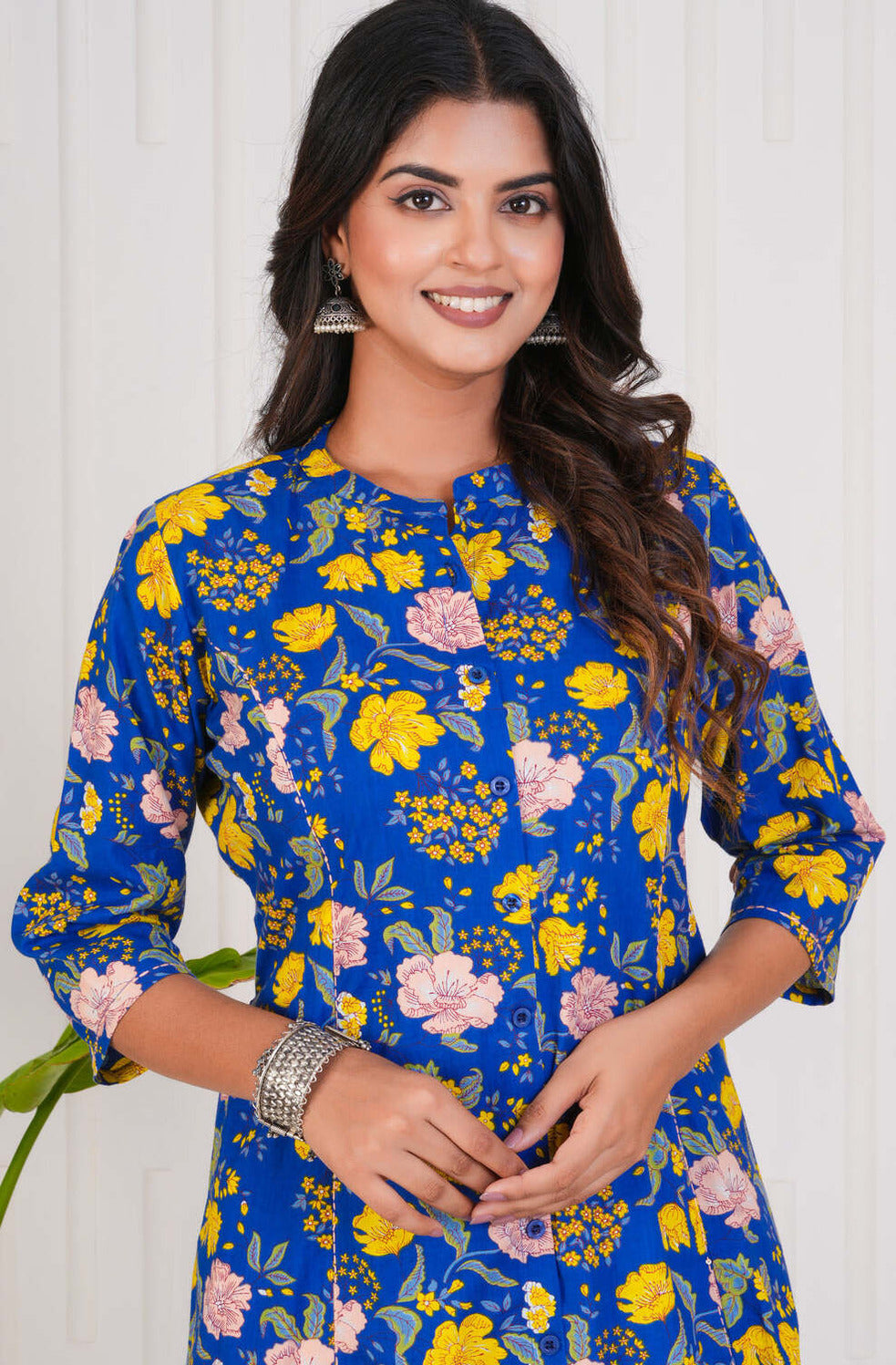 Blue With Floral Print Cotton Kurti