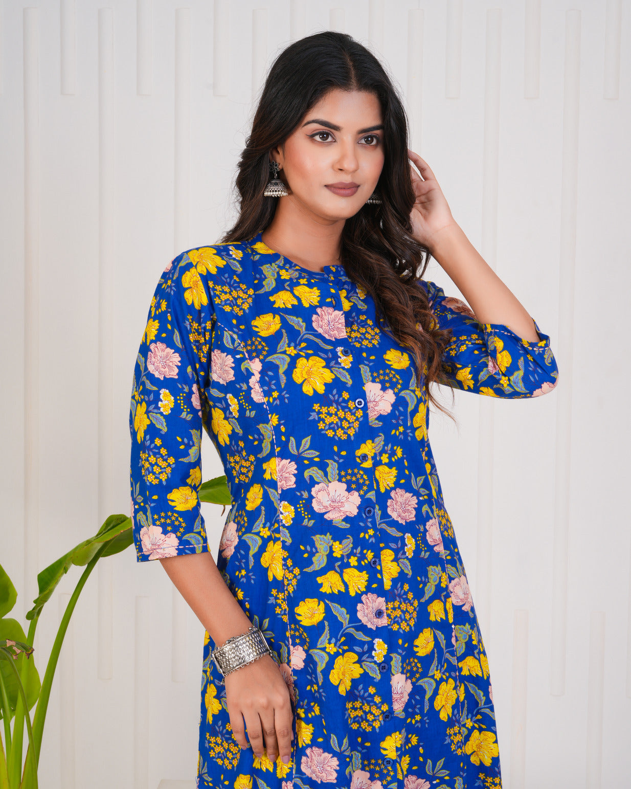 Blue With Floral Print Cotton Kurti