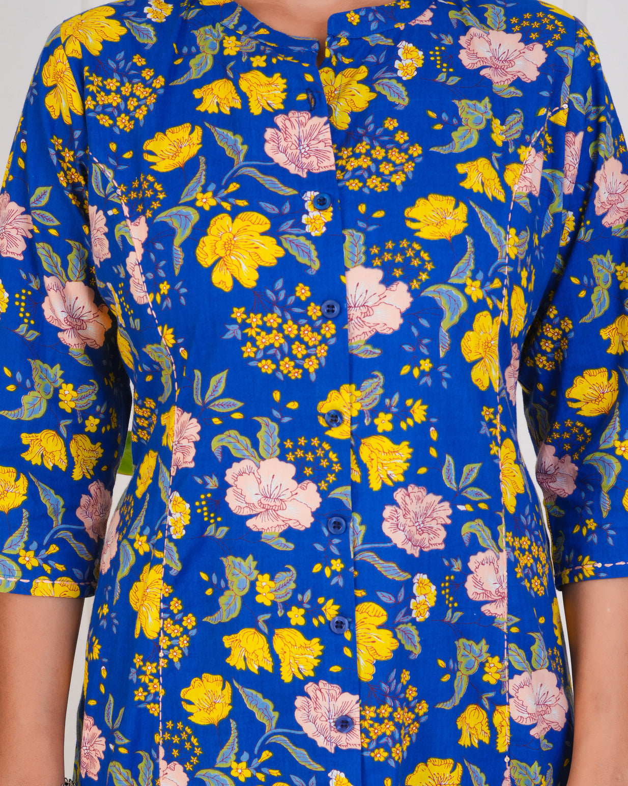 Blue With Floral Print Cotton Kurti