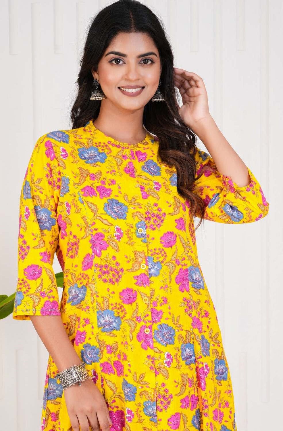 Yellow With Floral Print Cotton Kurti