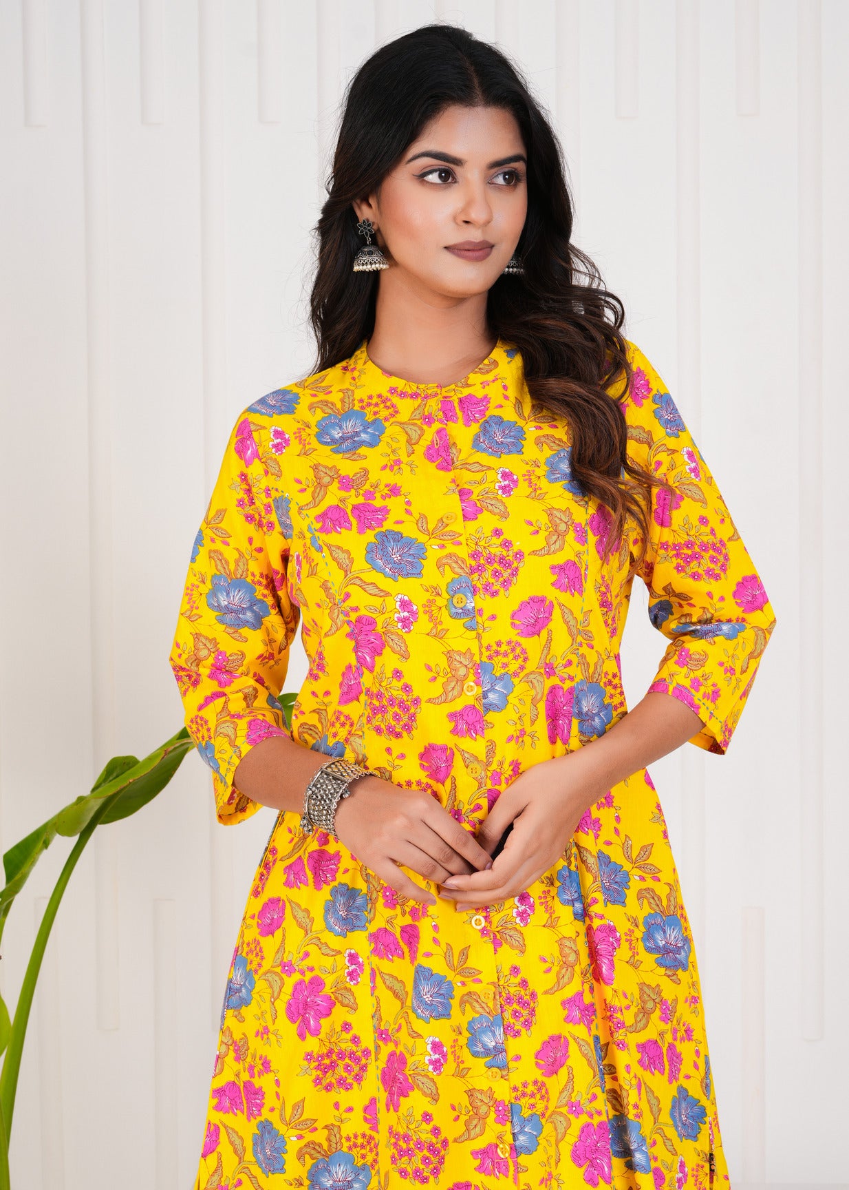 Yellow With Floral Print Cotton Kurti