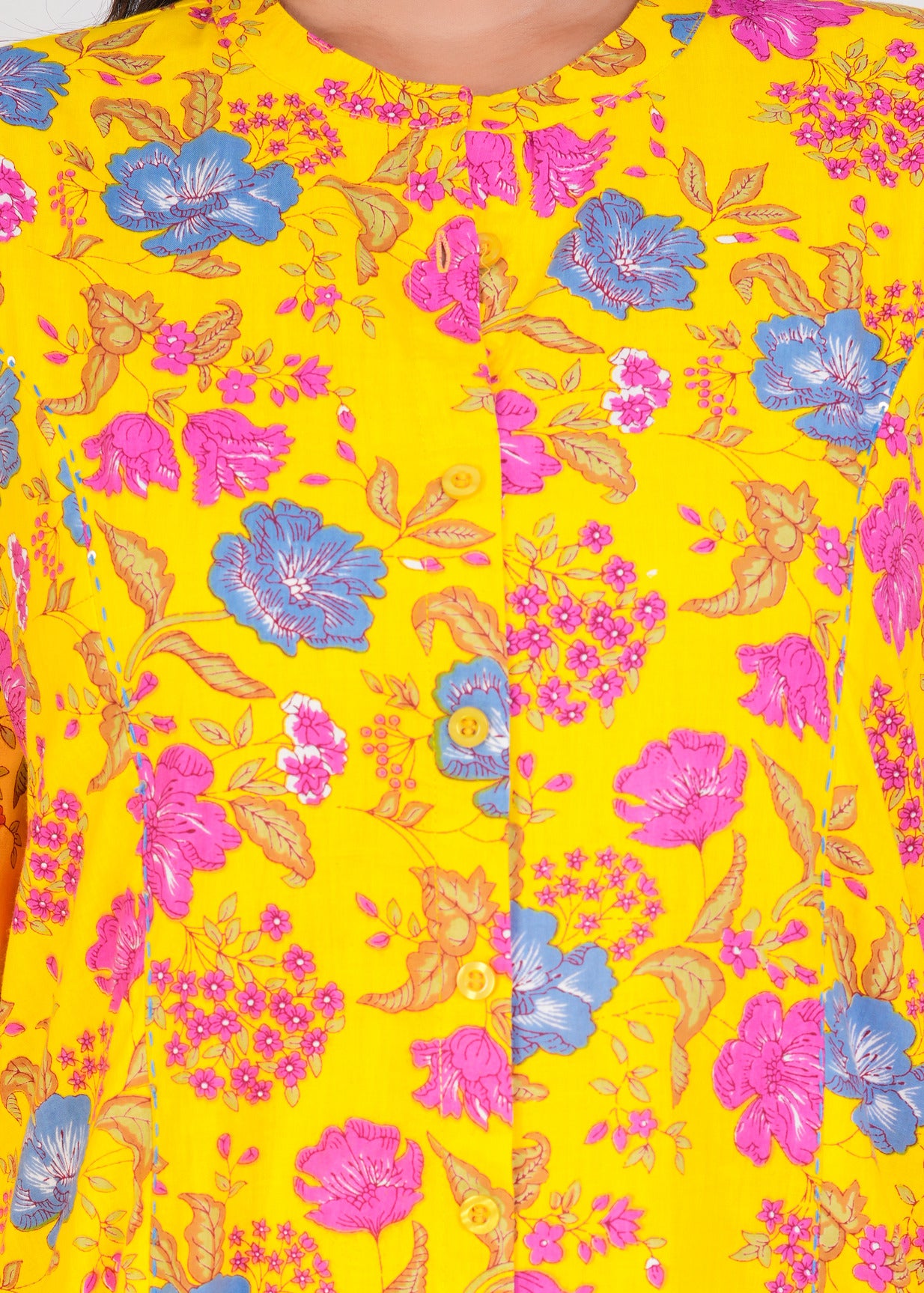 Yellow With Floral Print Cotton Kurti