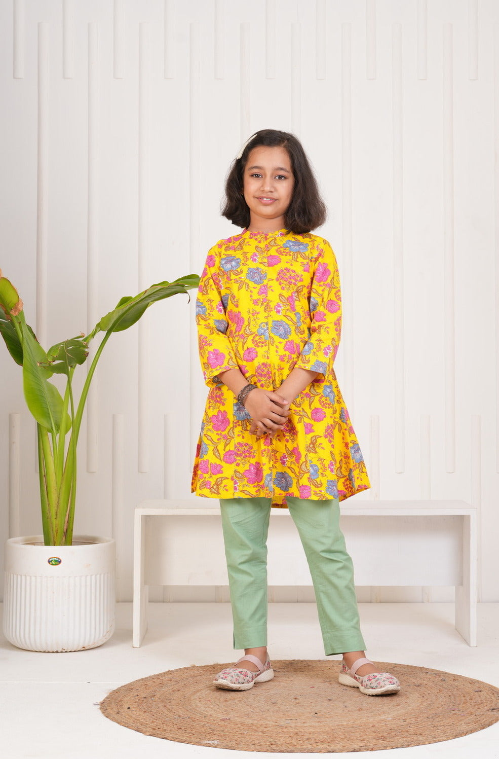 Yellow With Floral Print Cotton Kurti