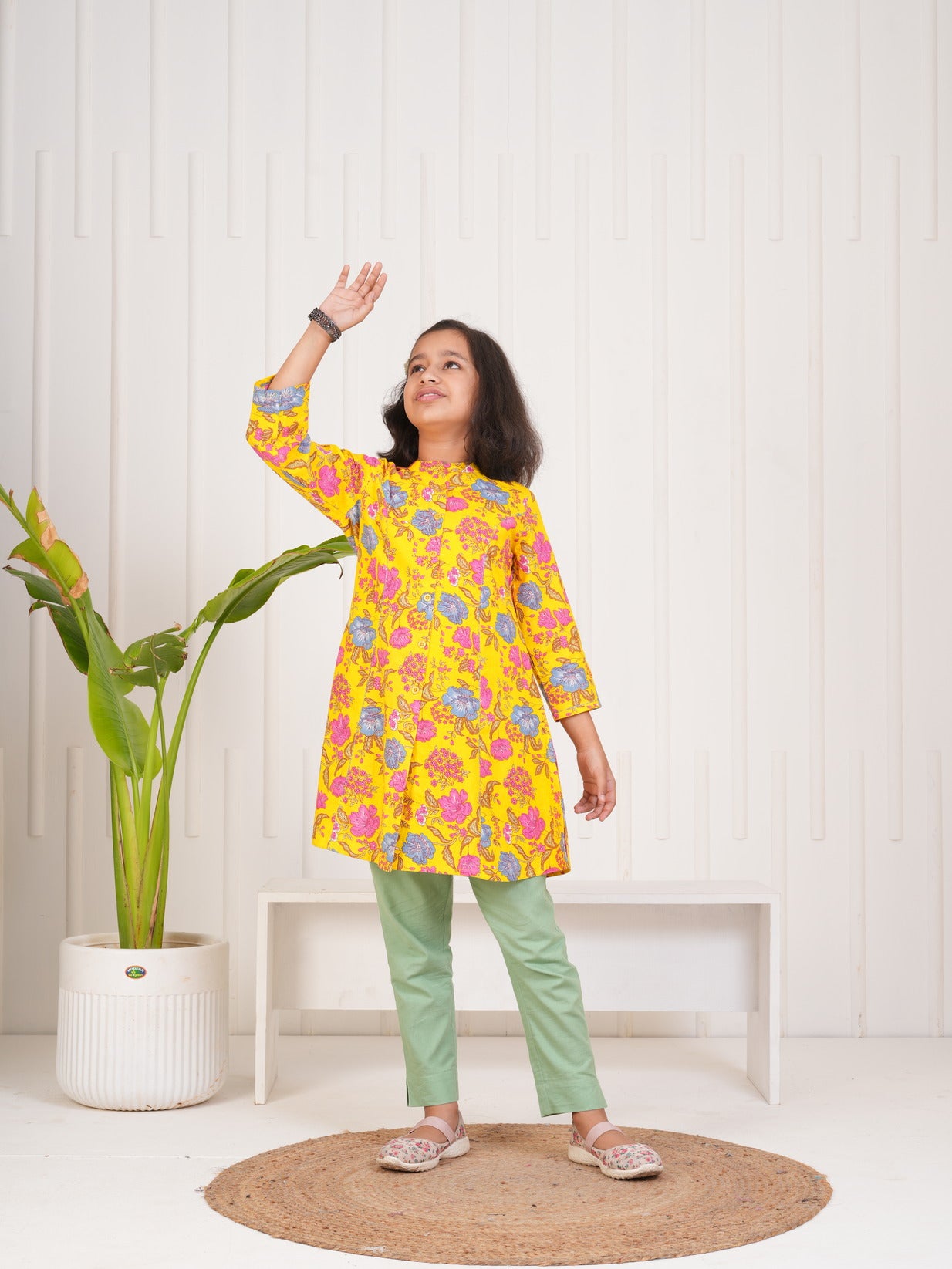 Yellow With Floral Print Cotton Kurti