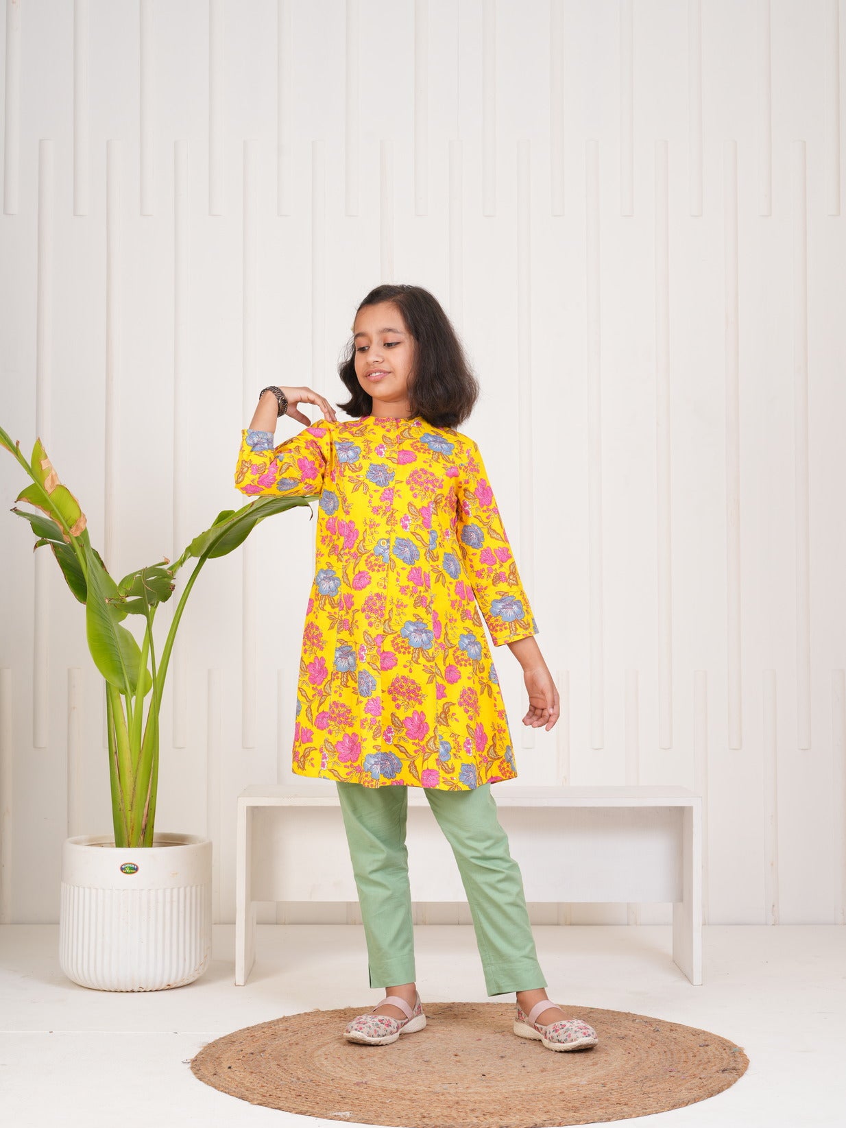 Yellow With Floral Print Cotton Kurti