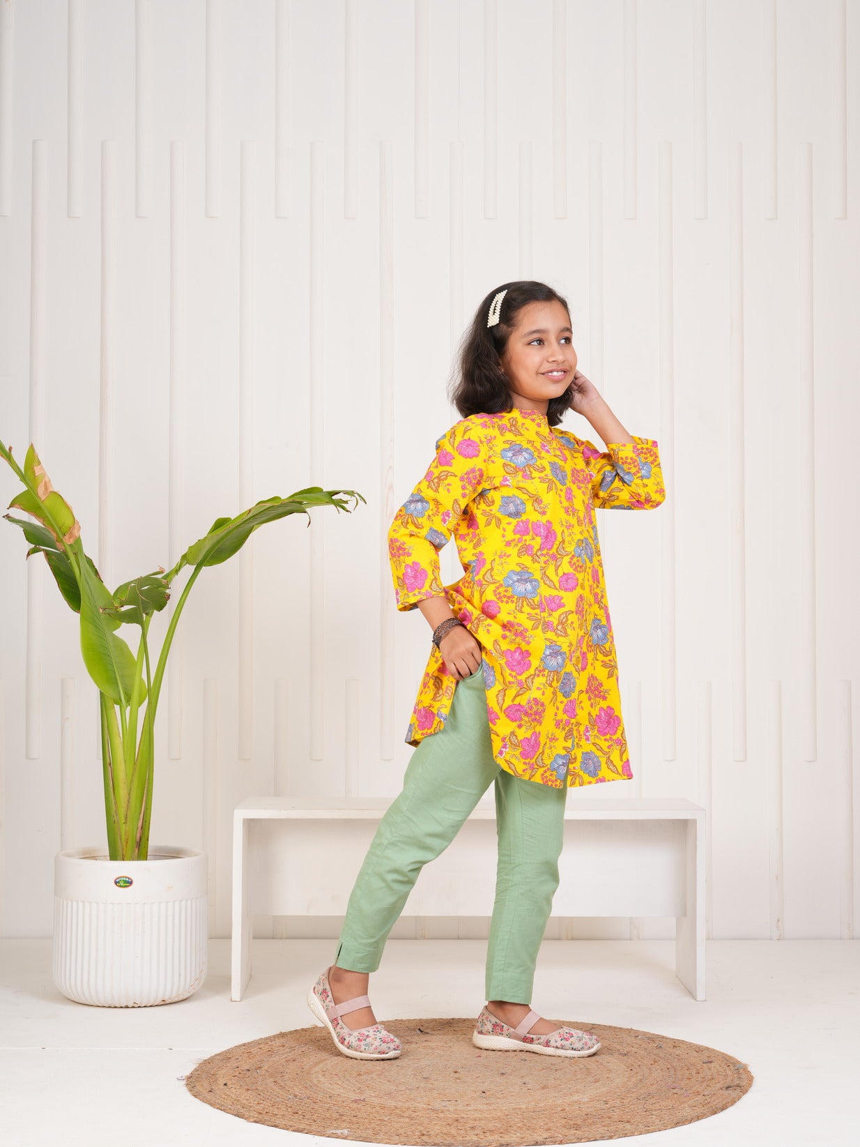 Yellow With Floral Print Cotton Kurti