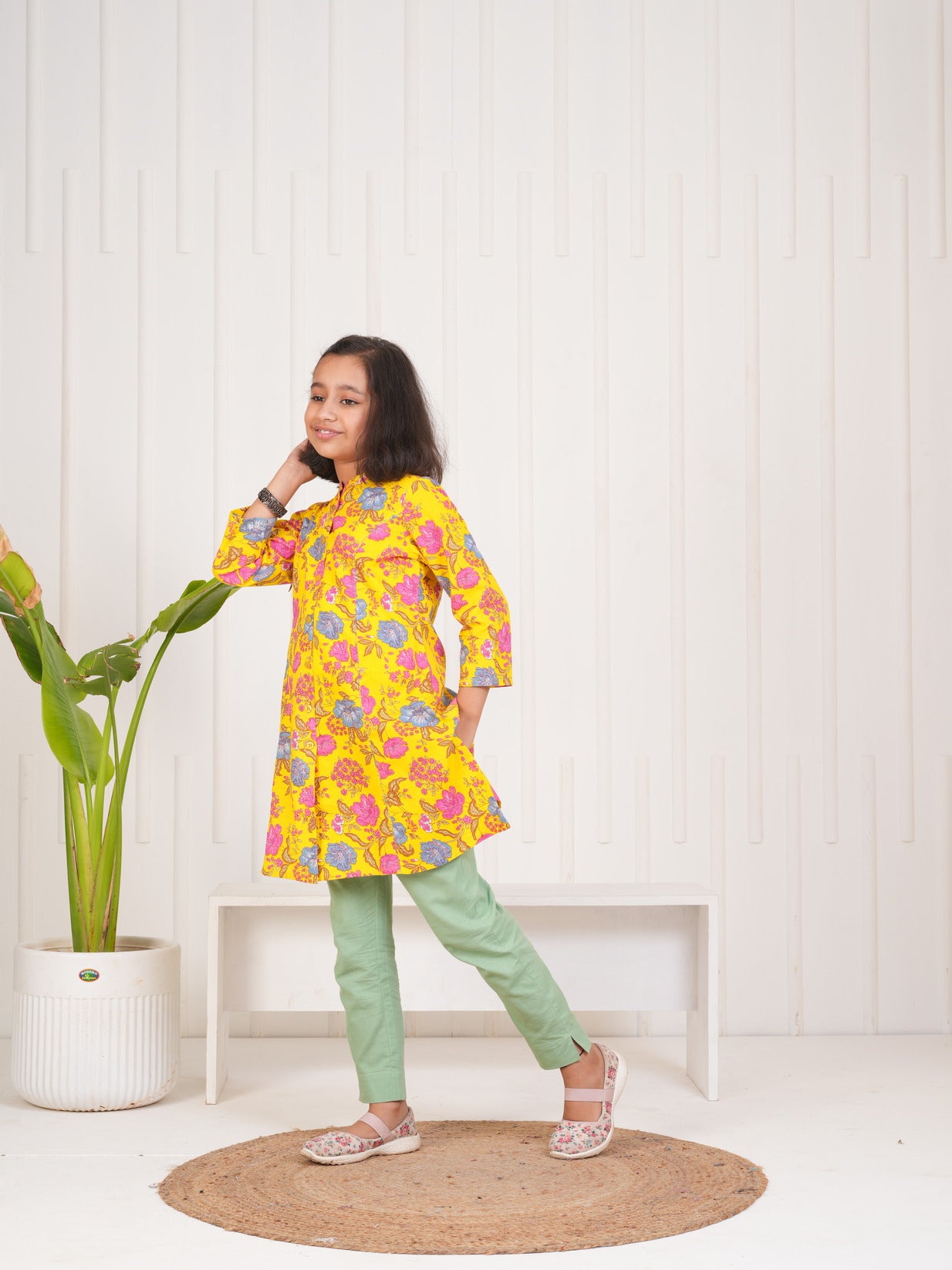 Yellow With Floral Print Cotton Kurti