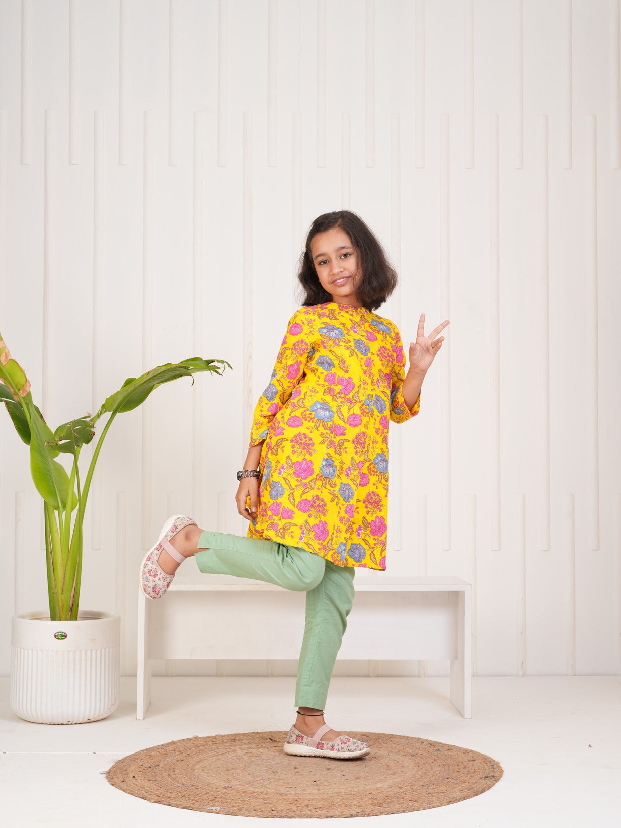 Yellow With Floral Print Cotton Kurti