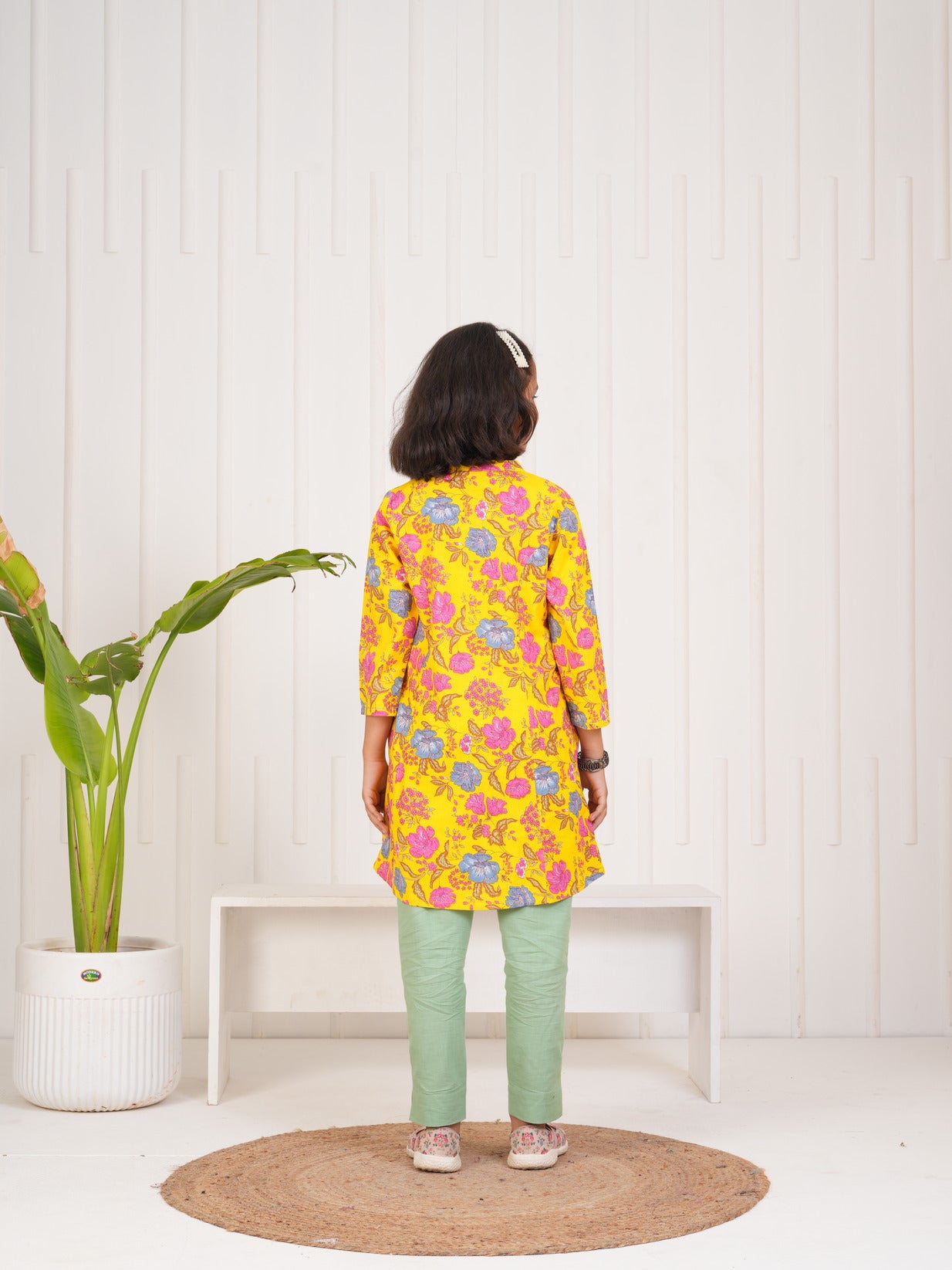 Yellow With Floral Print Cotton Kurti