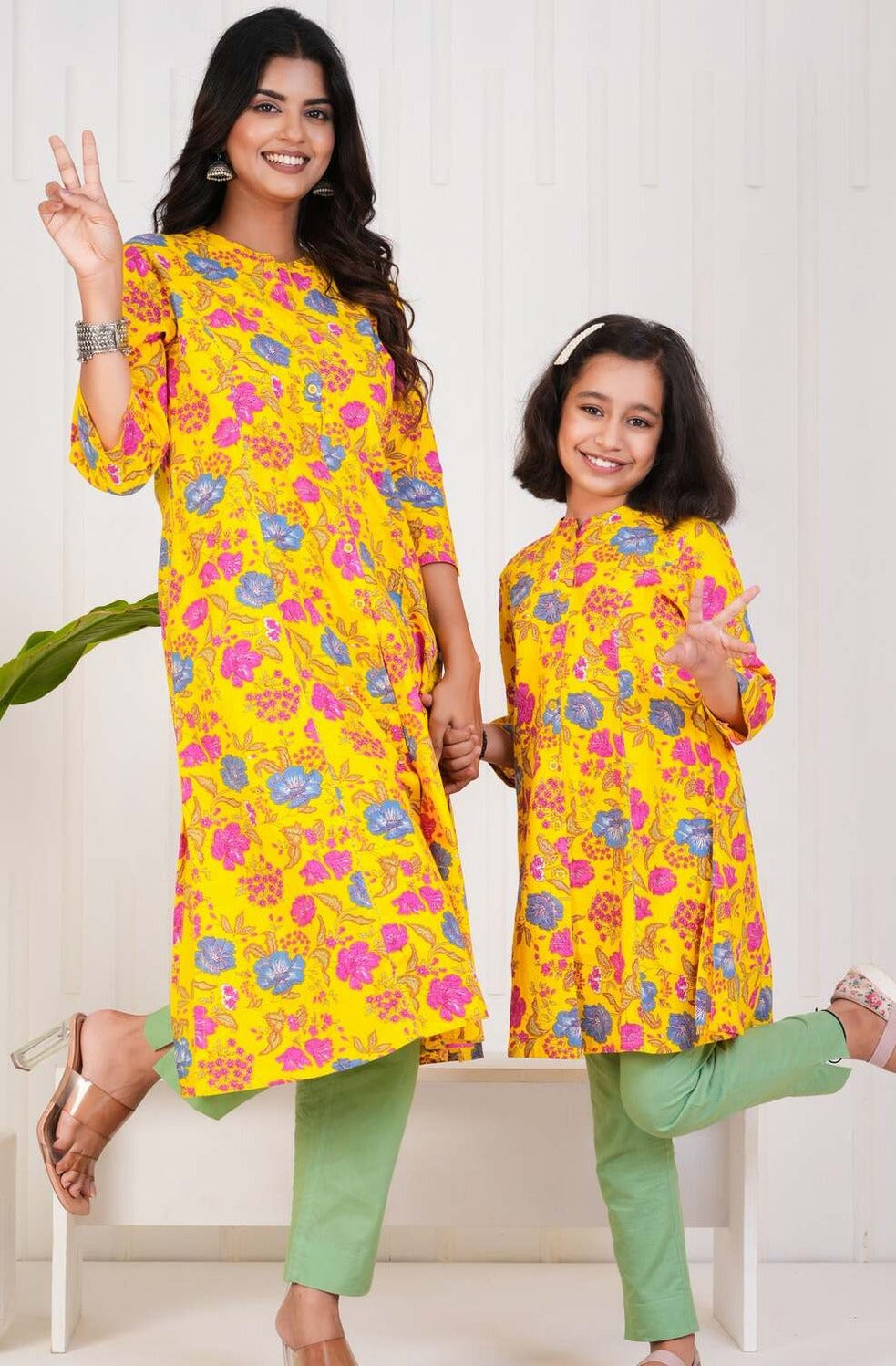 Yellow With Floral Print Cotton Kurti