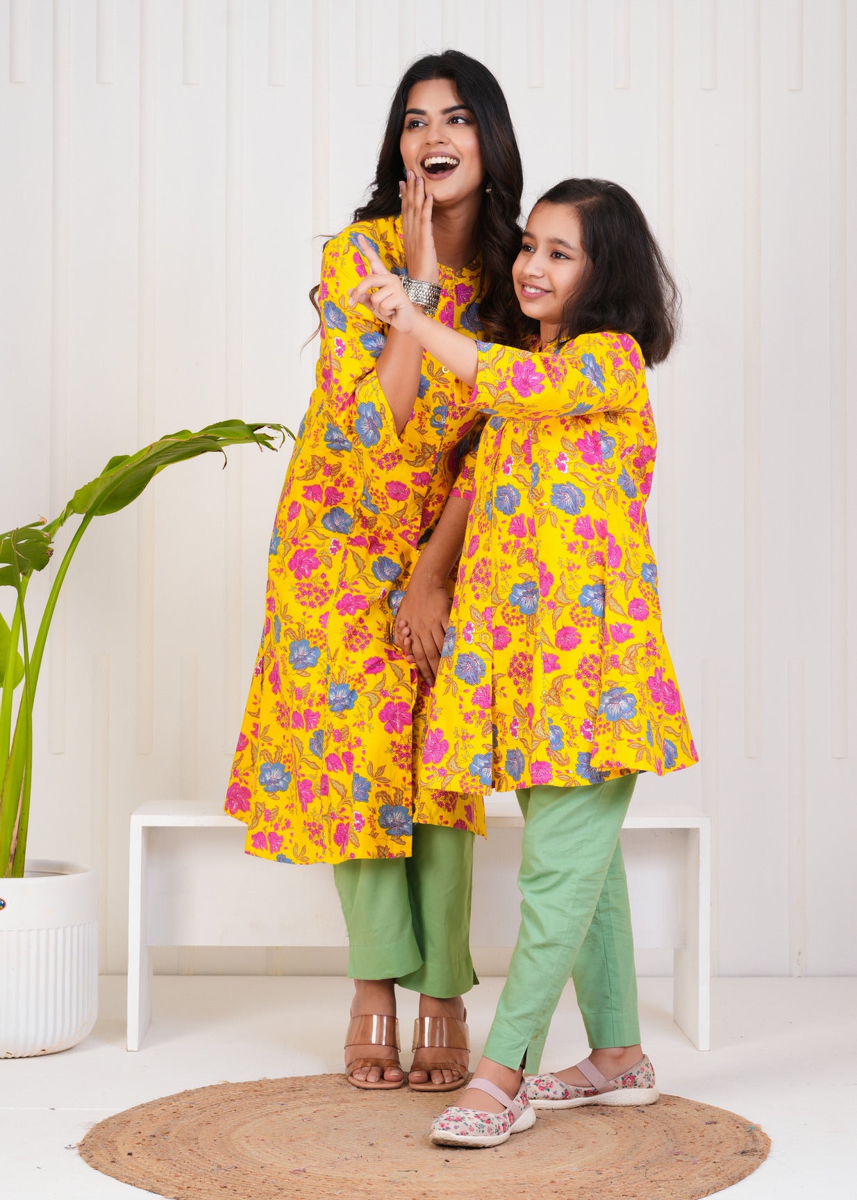 Yellow With Floral Print Cotton Kurti