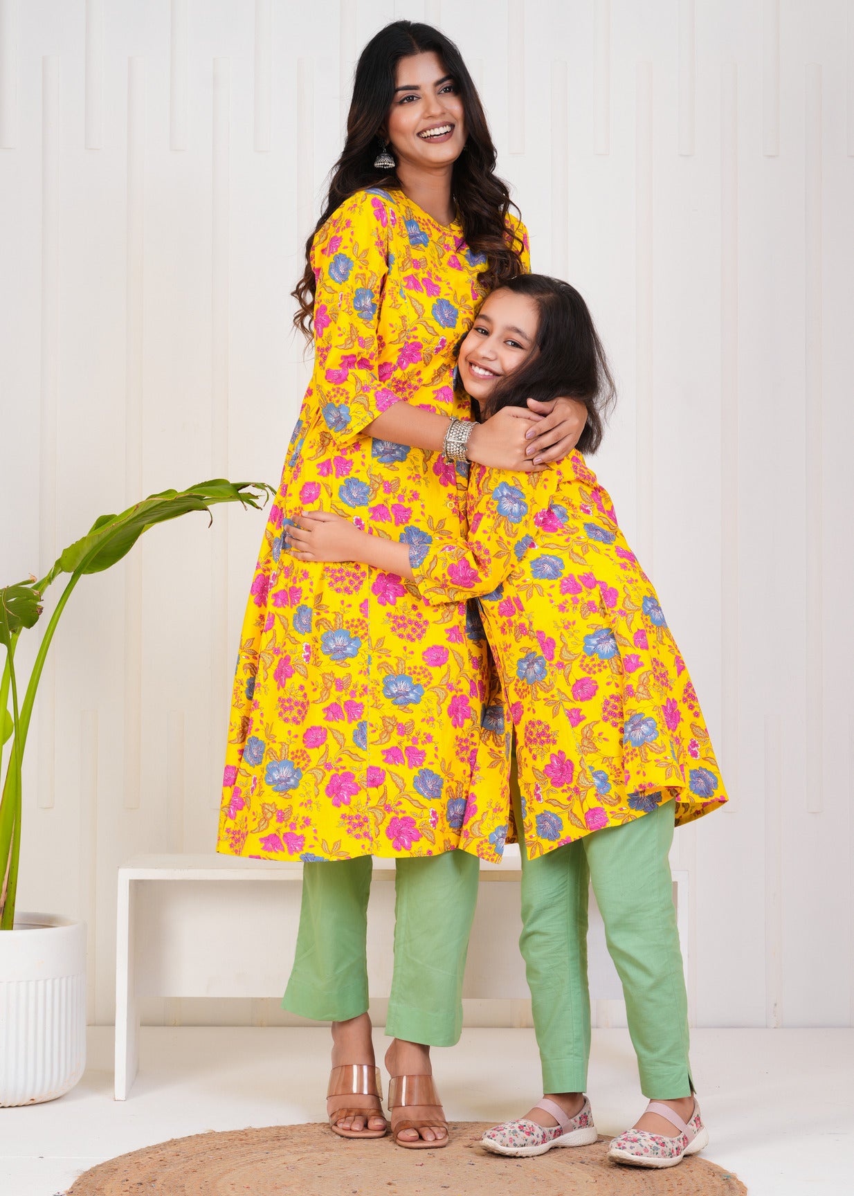 Yellow With Floral Print Cotton Kurti