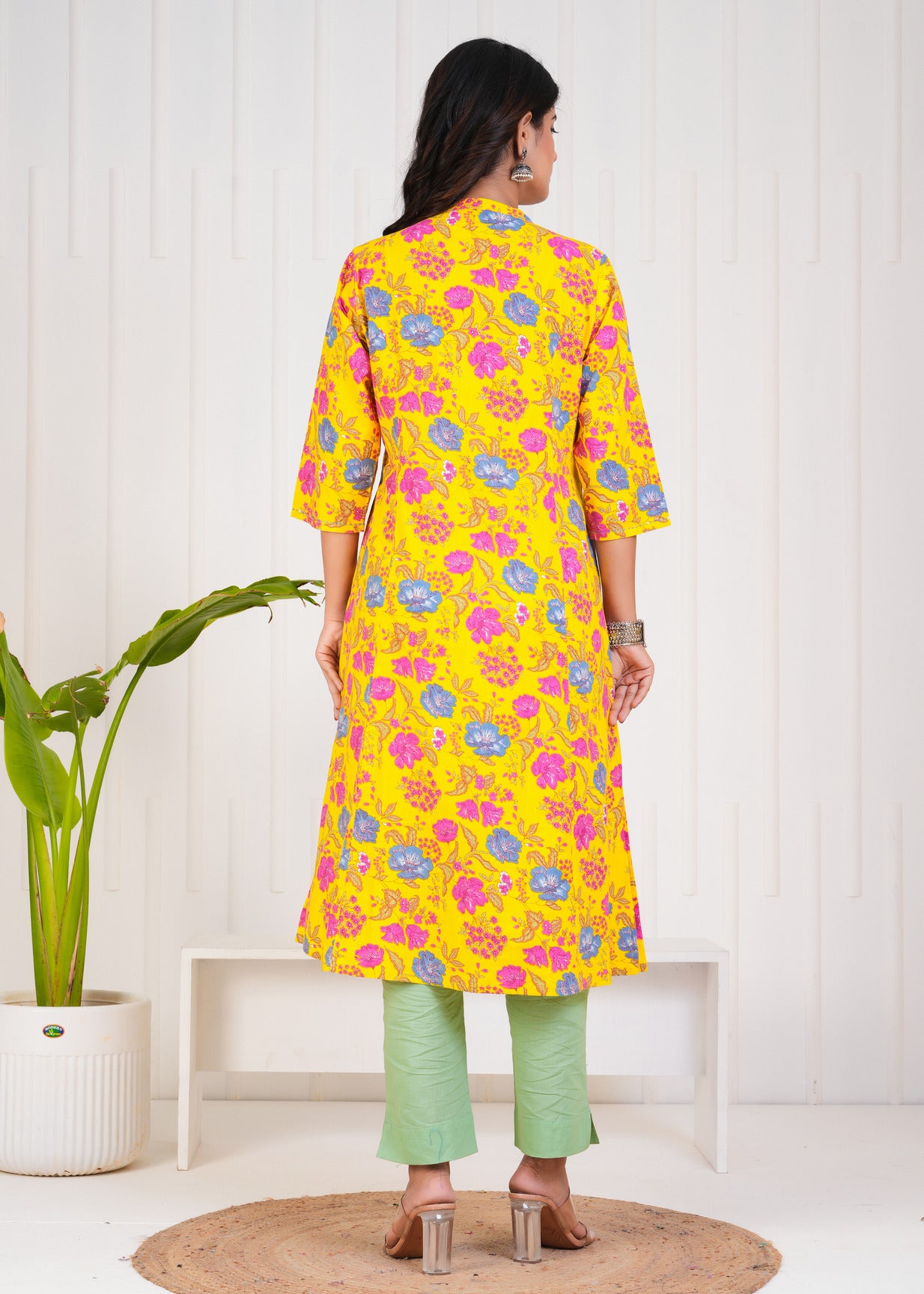 Yellow With Floral Print Cotton Kurti