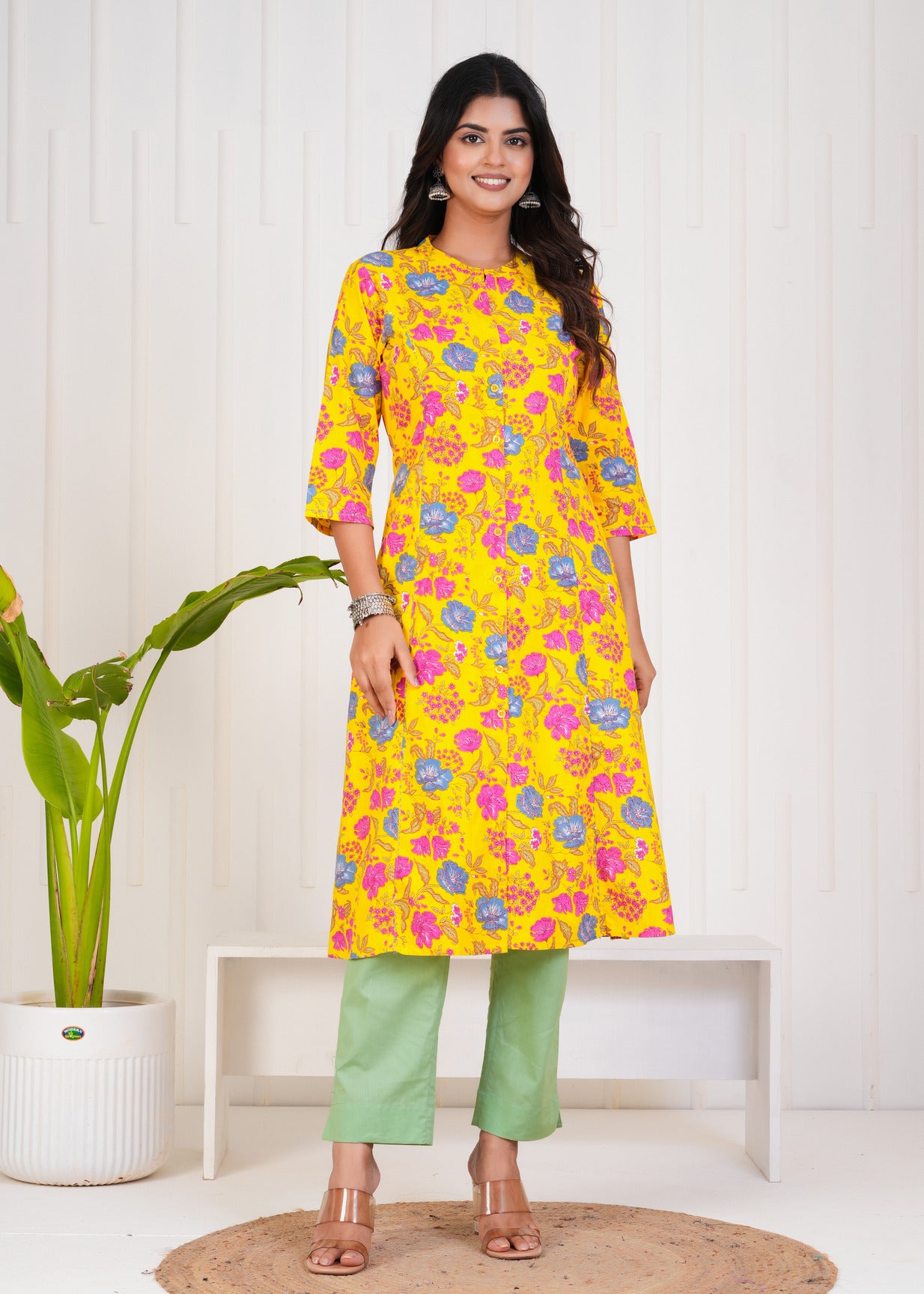 Yellow With Floral Print Cotton Kurti