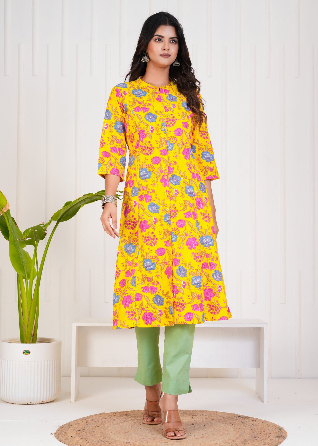 Yellow With Floral Print Cotton Kurti