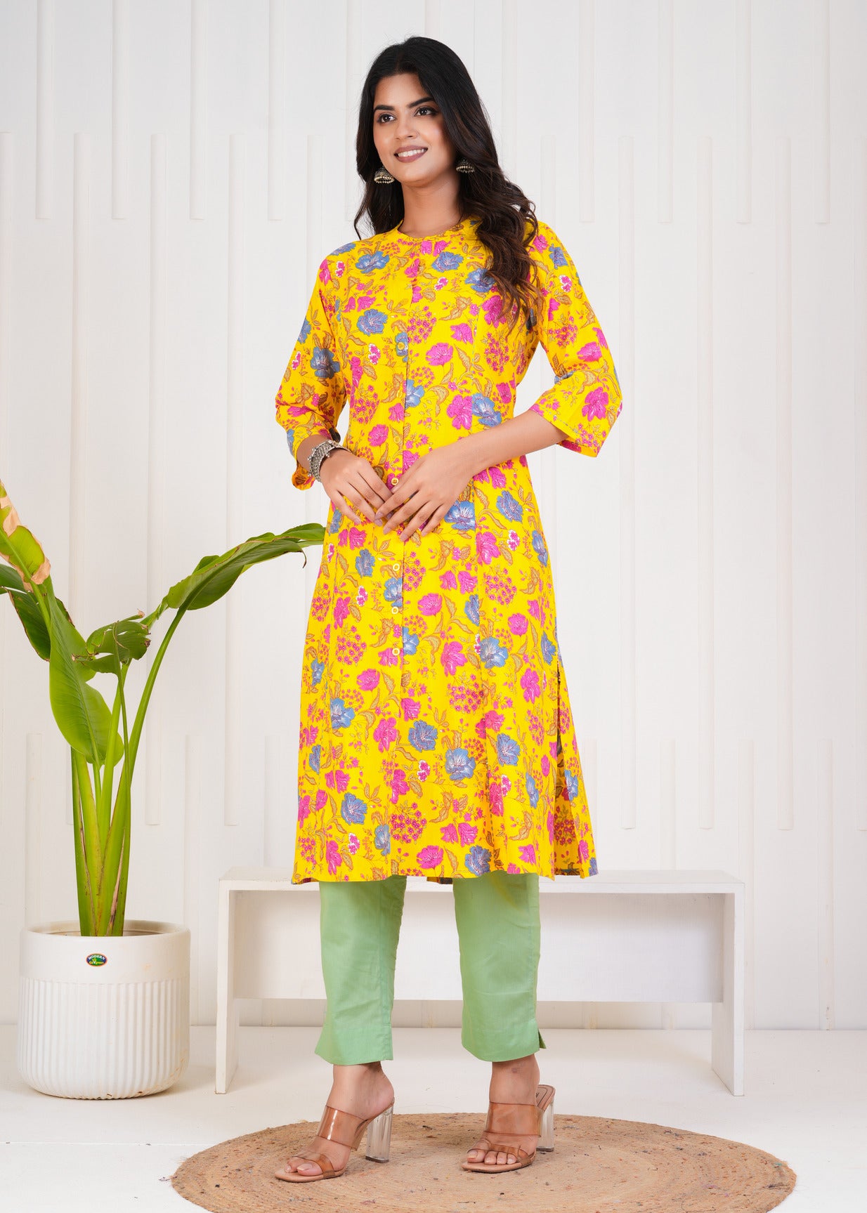 Yellow With Floral Print Cotton Kurti