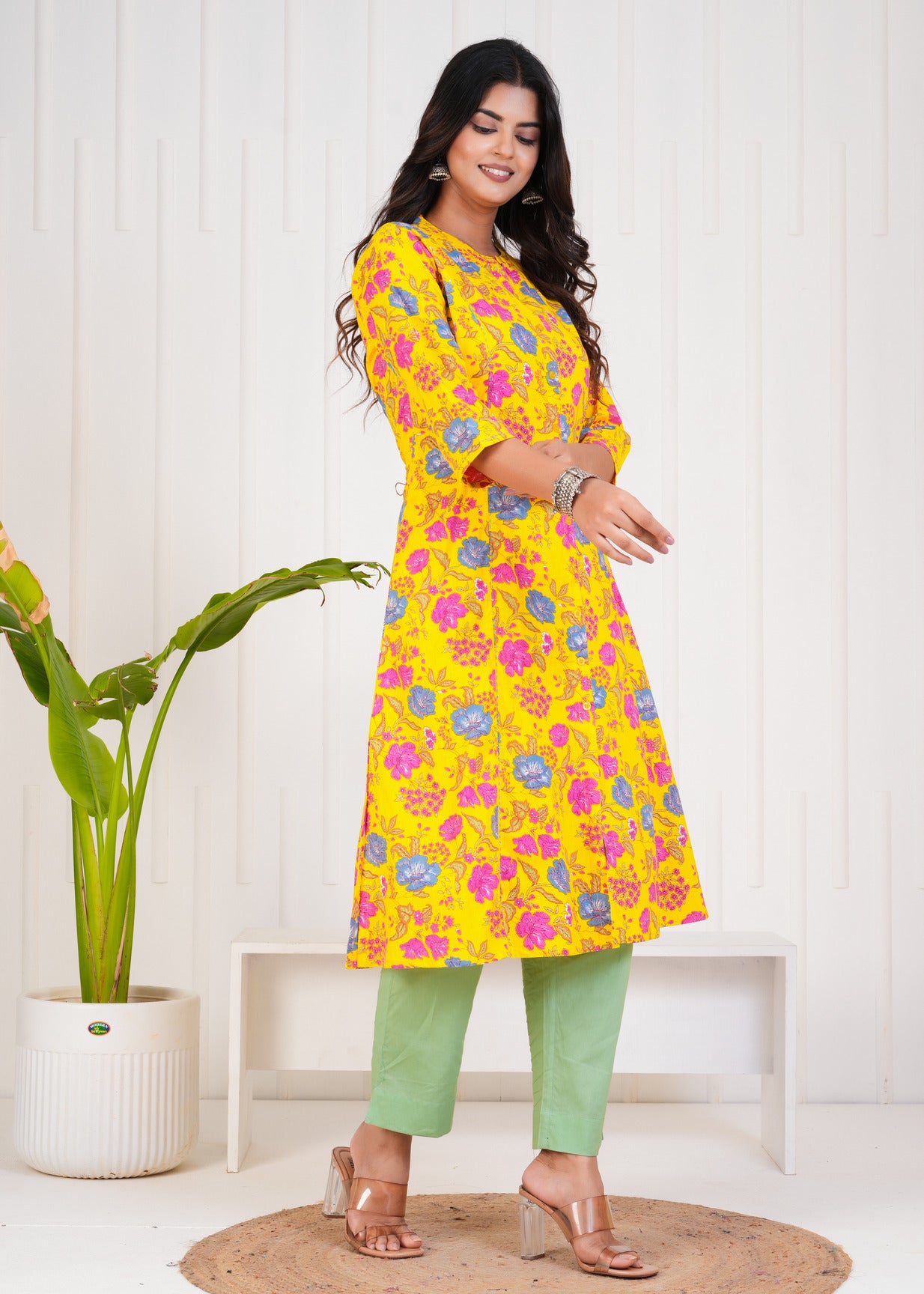 Yellow With Floral Print Cotton Kurti