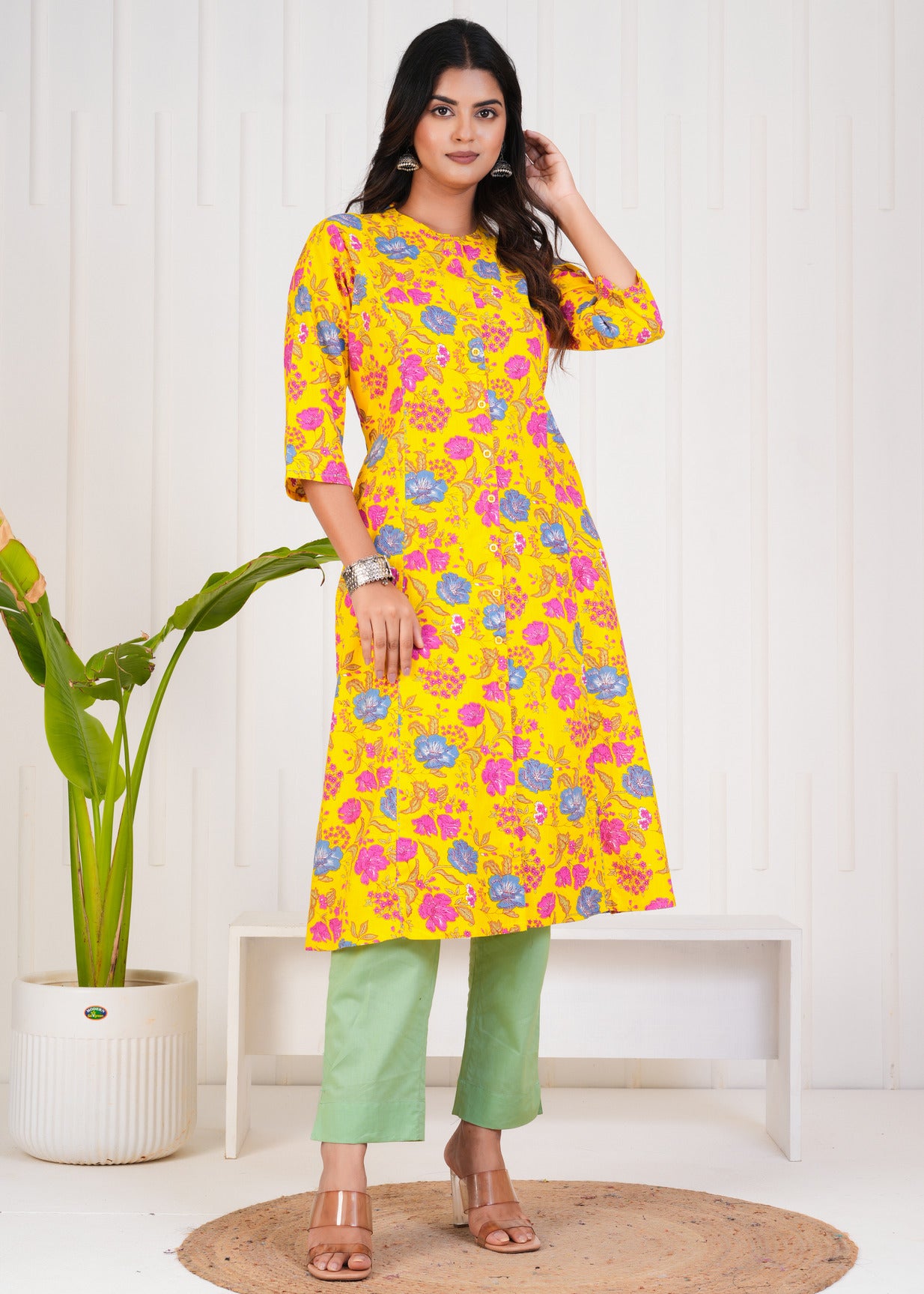 Yellow With Floral Print Cotton Kurti