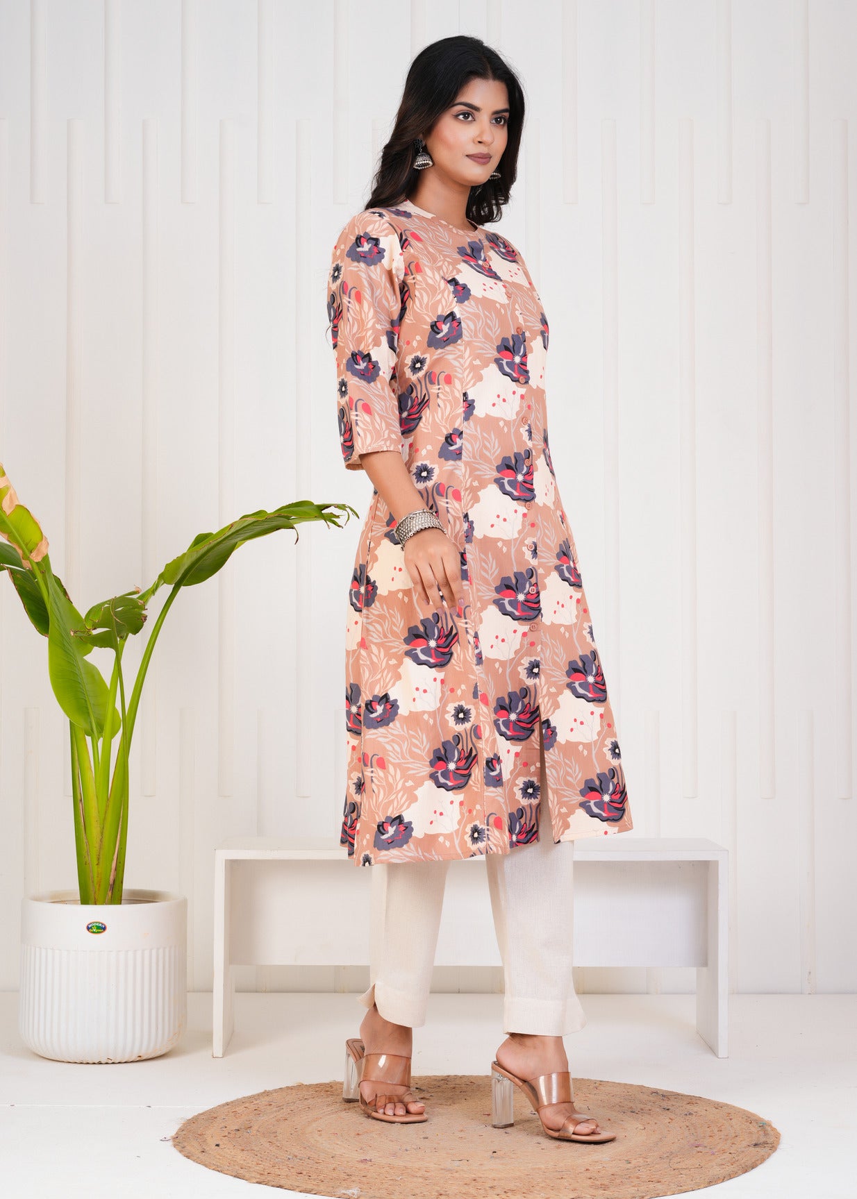 Beige With Floral Print Cotton Kurti