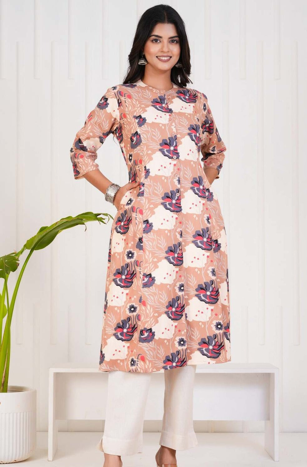 Beige With Floral Print Cotton Kurti